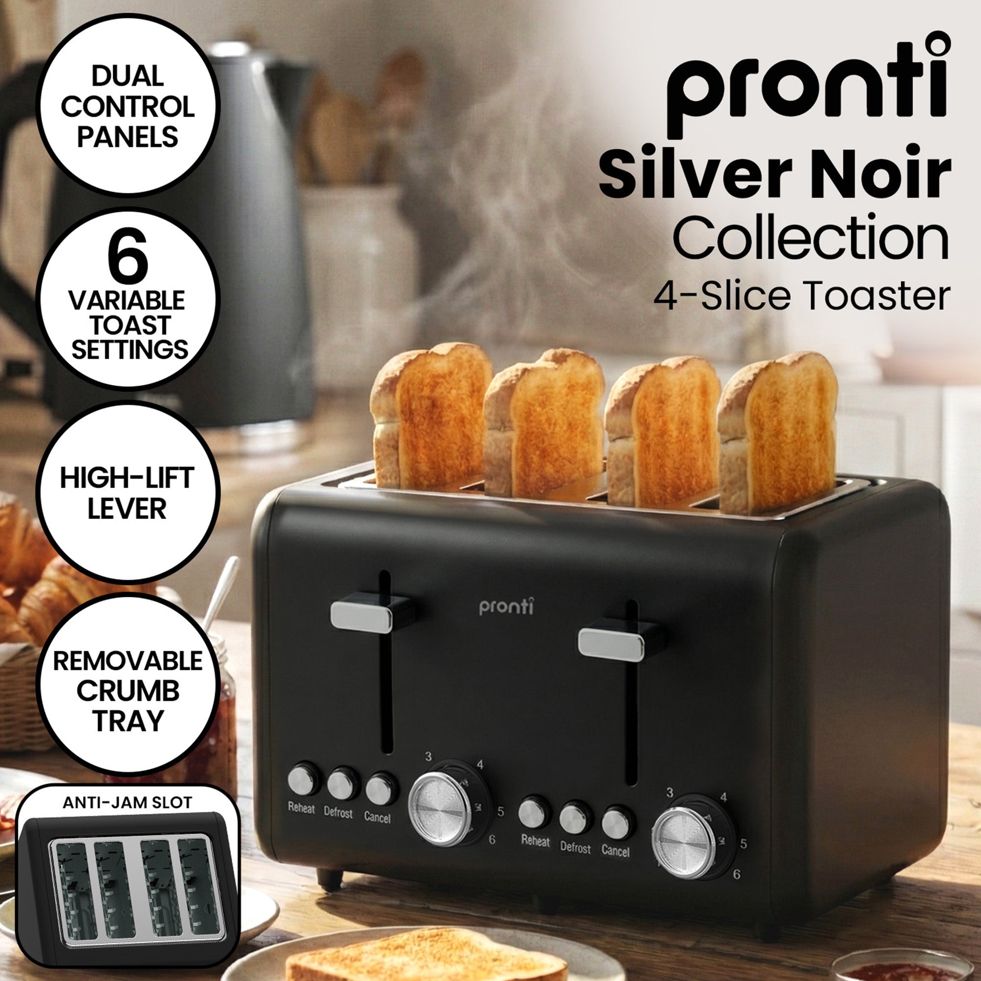 Pronti Breakfast Set with HomeMaid Coffee Machine, Silver Noir Toaster & Kettle V240-T02-1711-511HM
