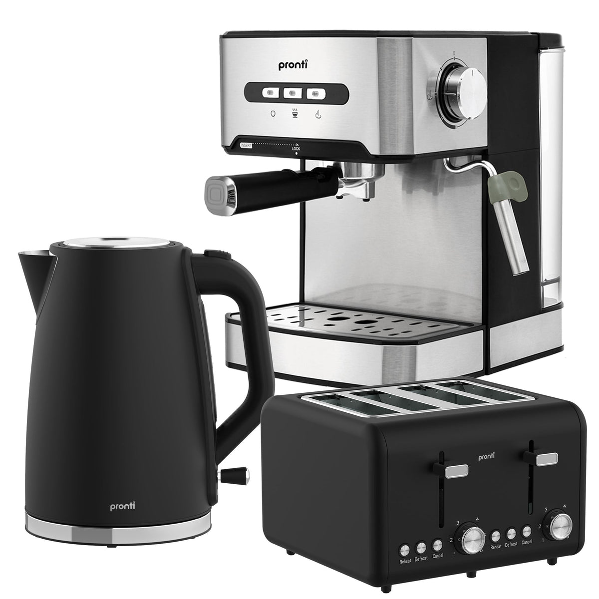 Pronti Breakfast Set with 1.6L Coffee Machine, Silver Noir Toaster & Kettle V240-T02-1711-825