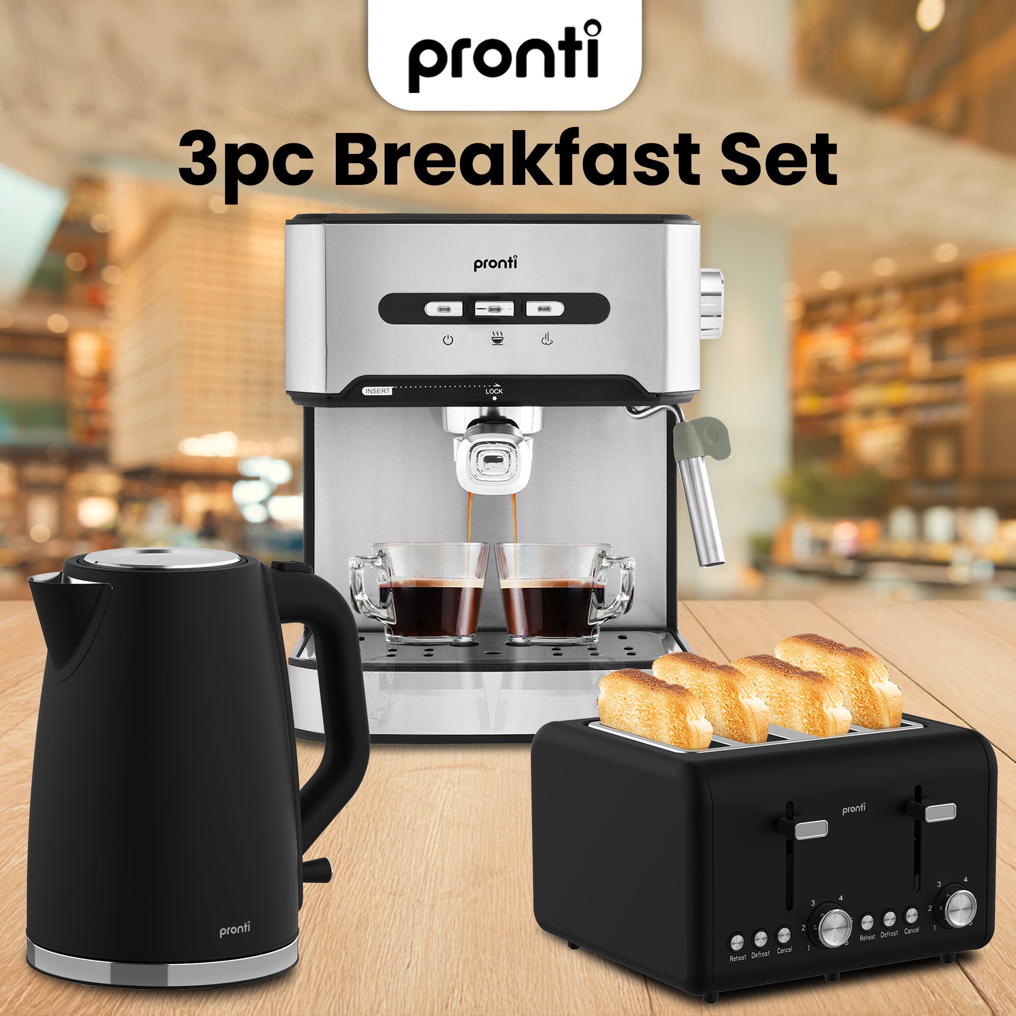 Pronti Breakfast Set with 1.6L Coffee Machine, Silver Noir Toaster & Kettle V240-T02-1711-825