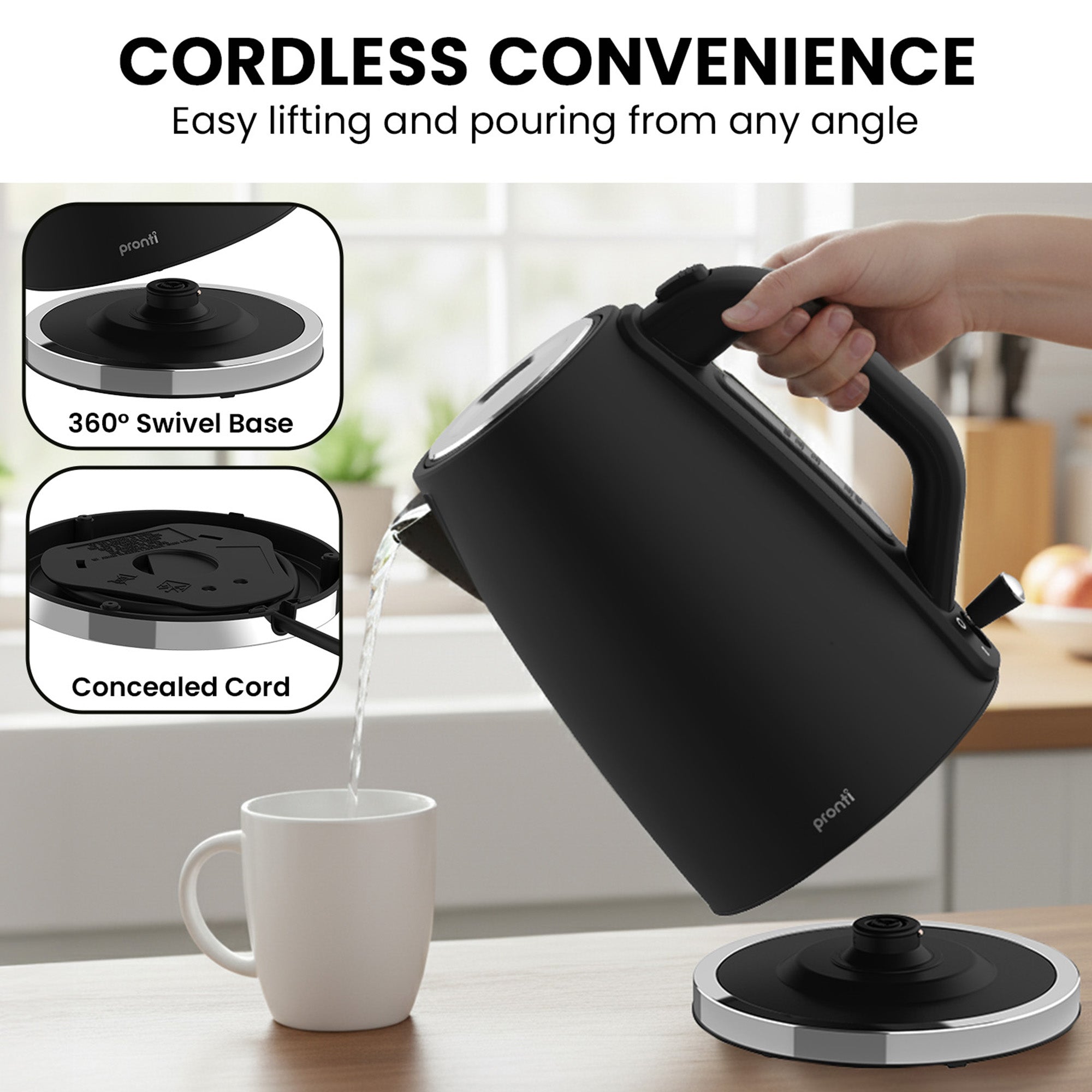 Pronti Breakfast Set with 1.6L Coffee Machine, Silver Noir Toaster & Kettle V240-T02-1711-825