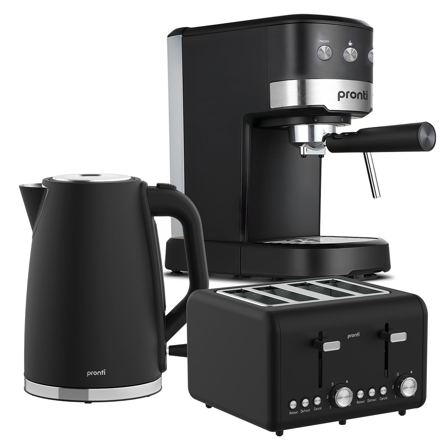 Pronti Breakfast Set with 1.25L Coffee Machine, Silver Noir Toaster & Kettle V240-T02-1711-850D
