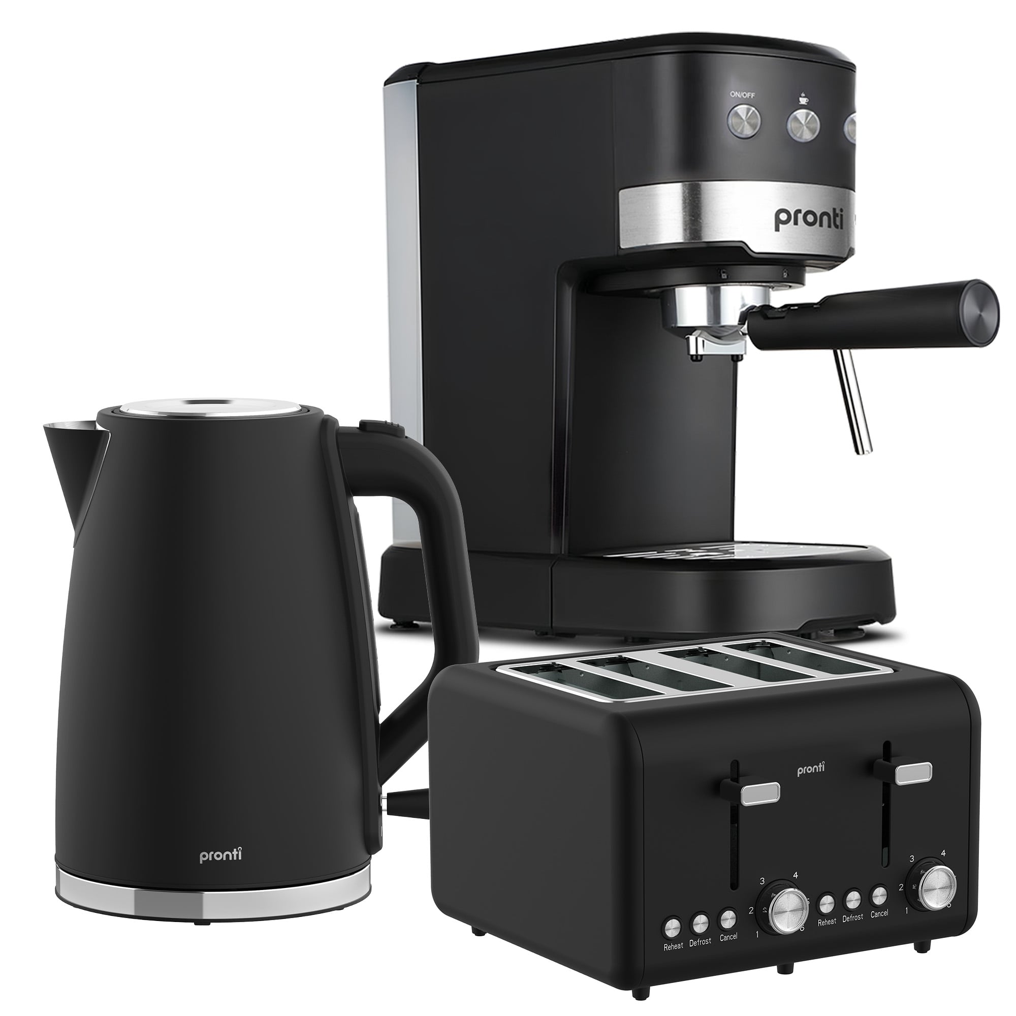 Pronti Breakfast Set with 1.25L Coffee Machine, Silver Noir Toaster & Kettle V240-T02-1711-850D
