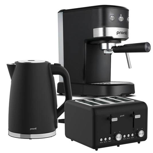 Pronti Breakfast Set with 1.25L Coffee Machine, Silver Noir Toaster & Kettle V240-T02-1711-850D