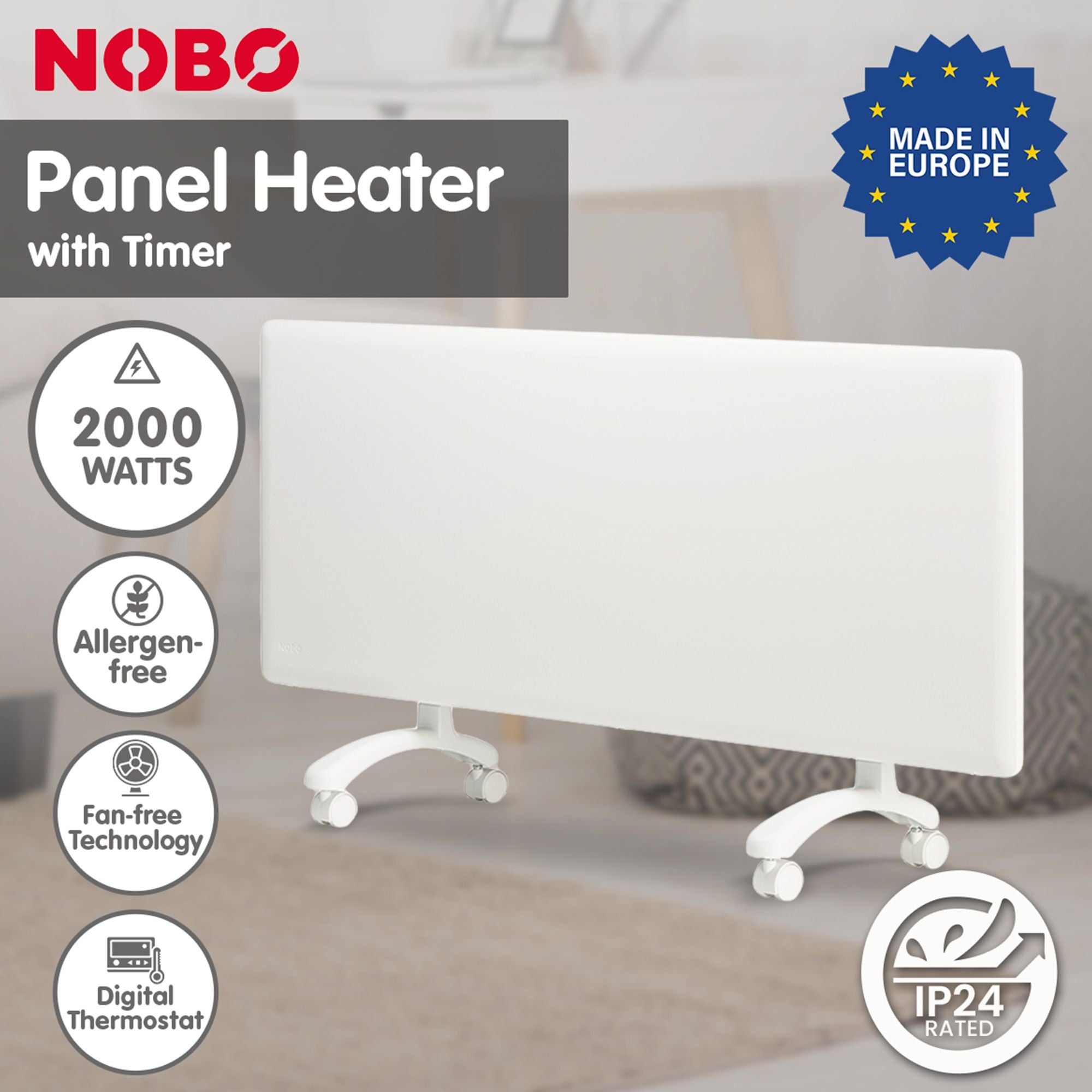 Nobo 2000W T2-NTL4T20 Electric Panel Heater with Timer Tilt Switch Silent Operation & Allergy-Free - V240-T2-NTL4T20