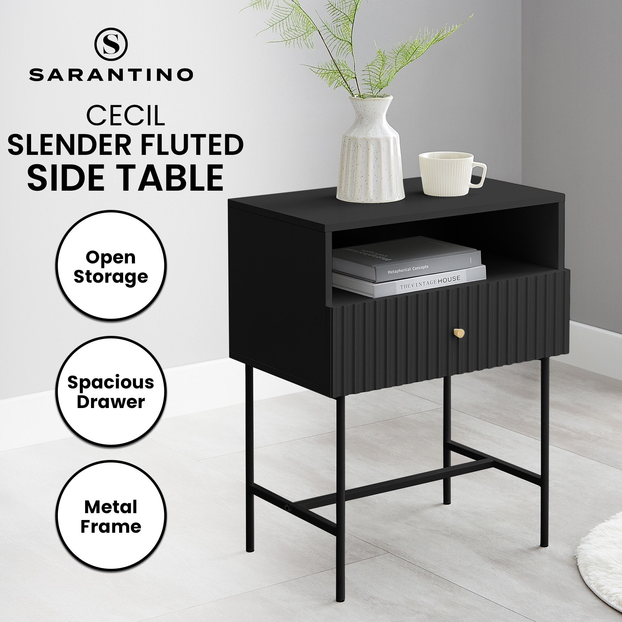 Sarantino Cecil Slender Fluted Bedside Table in Black V240-TBL-18F-12T-BLK