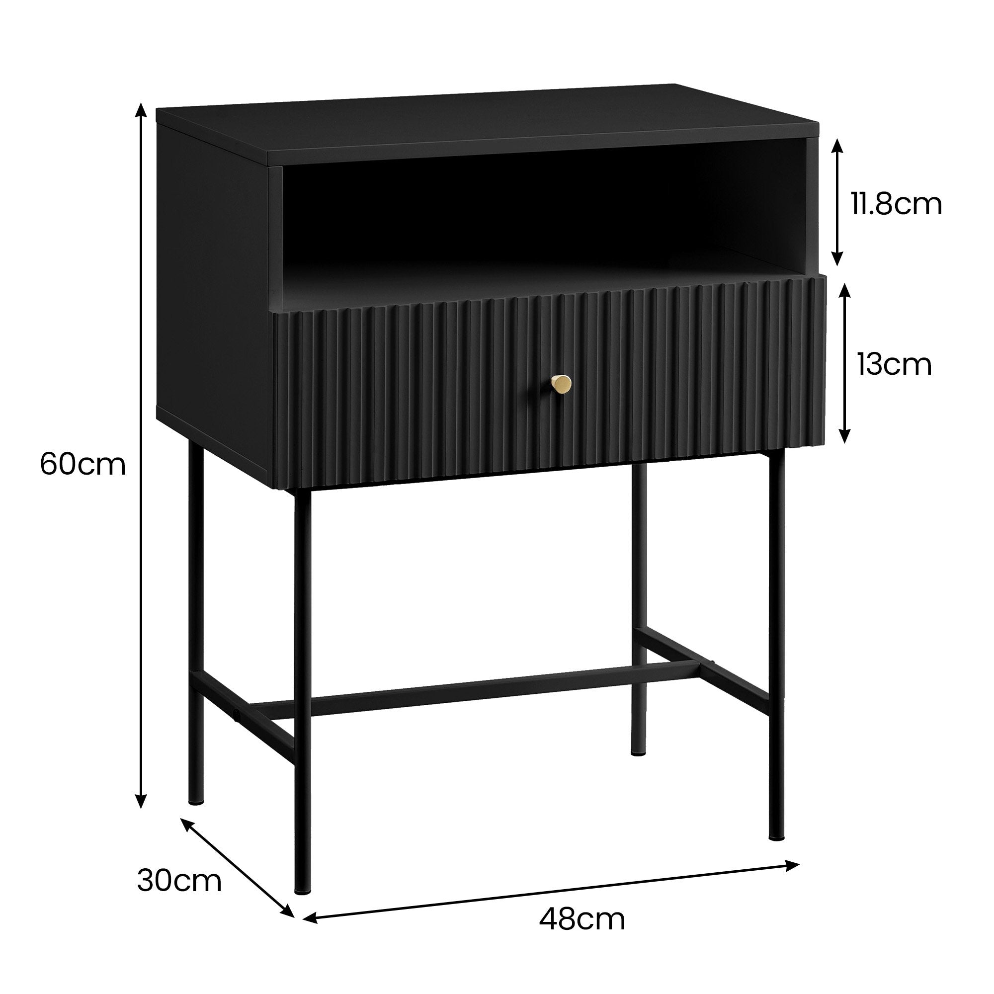 Sarantino Cecil Slender Fluted Bedside Table in Black V240-TBL-18F-12T-BLK