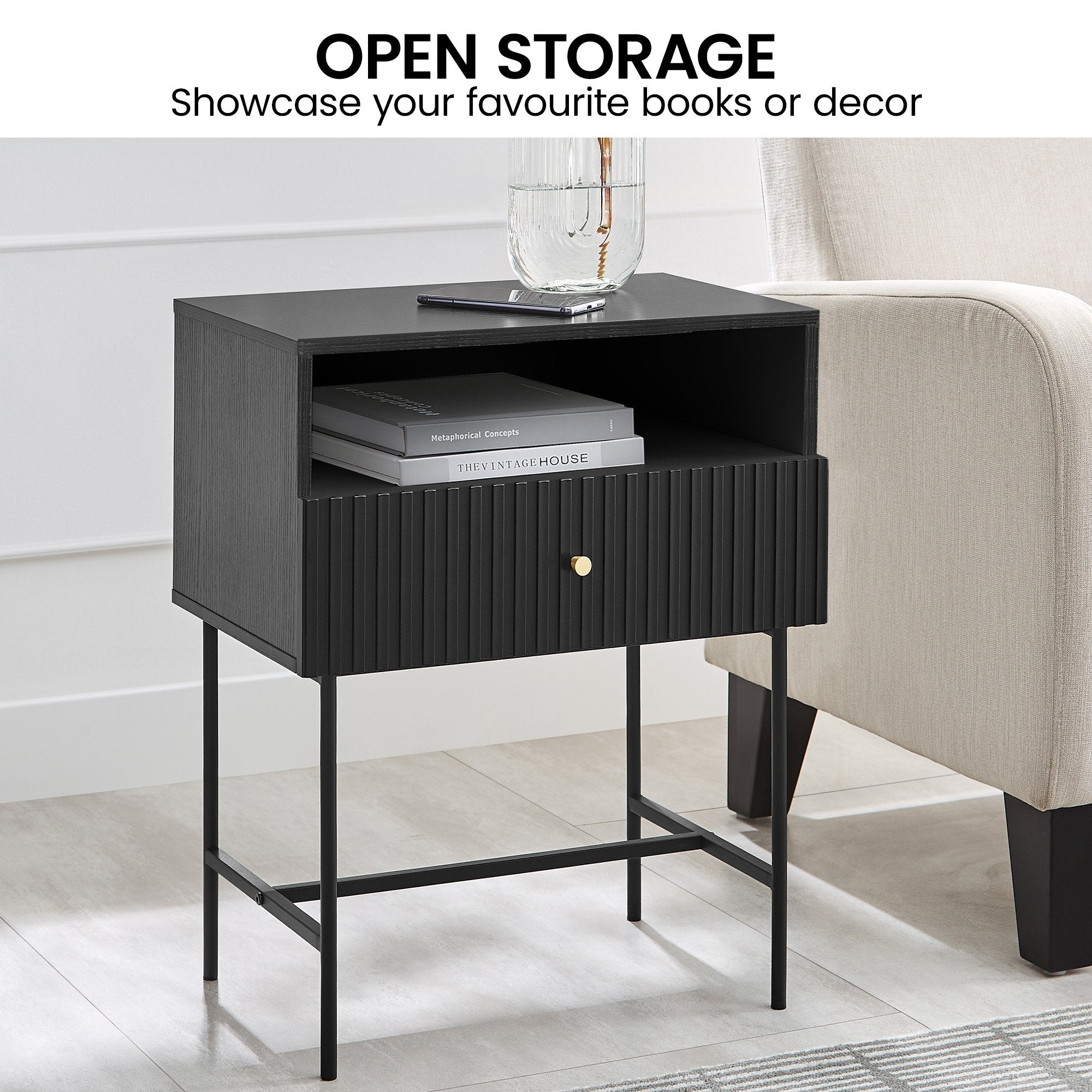 Sarantino Cecil Slender Fluted Bedside Table in Black V240-TBL-18F-12T-BLK
