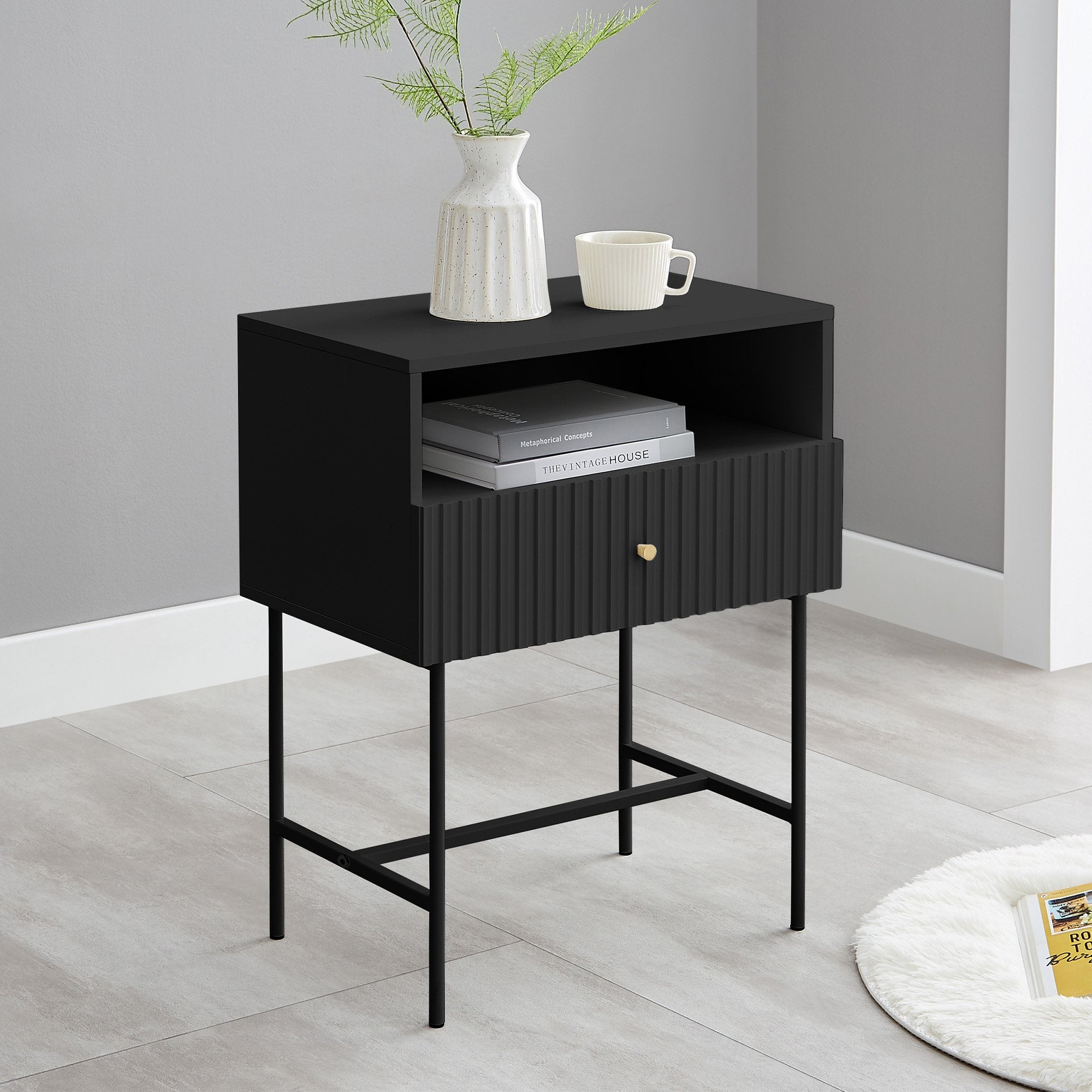 Sarantino Cecil Slender Fluted Bedside Table in Black V240-TBL-18F-12T-BLK