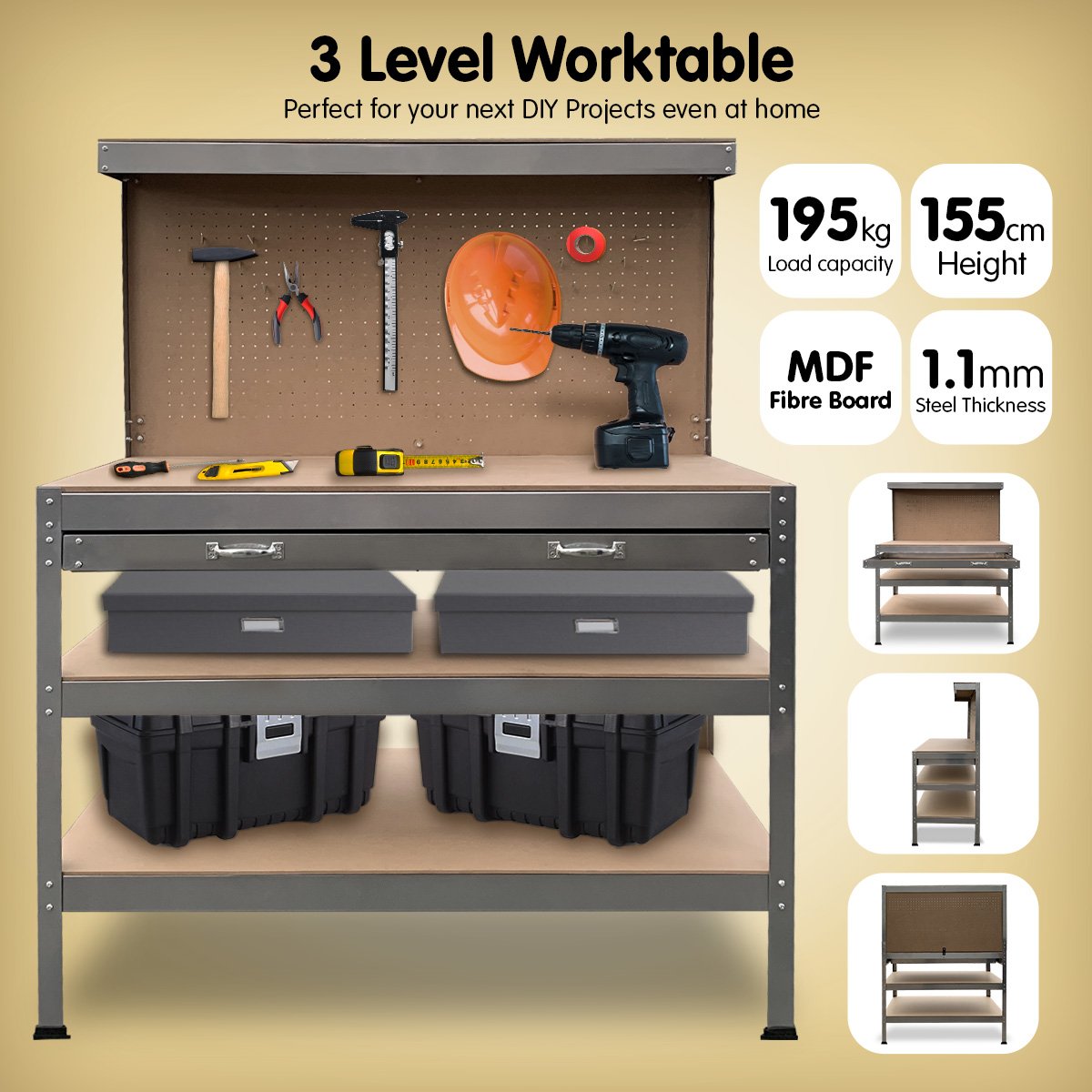 Kartrite 3-layered Work Bench Garage Storage Table Tool Shop Shelf Silver V240-TBL-3LY-WH-SL