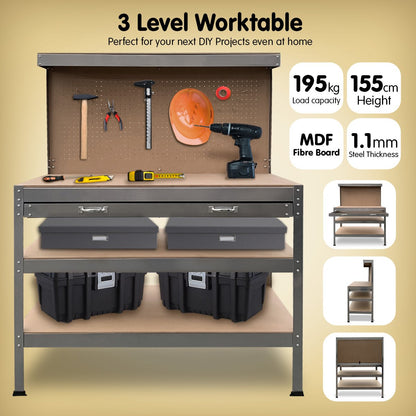 Kartrite 3-layered Work Bench Garage Storage Table Tool Shop Shelf Silver V240-TBL-3LY-WH-SL