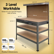 Kartrite 3-layered Work Bench Garage Storage Table Tool Shop Shelf Silver V240-TBL-3LY-WH-SL