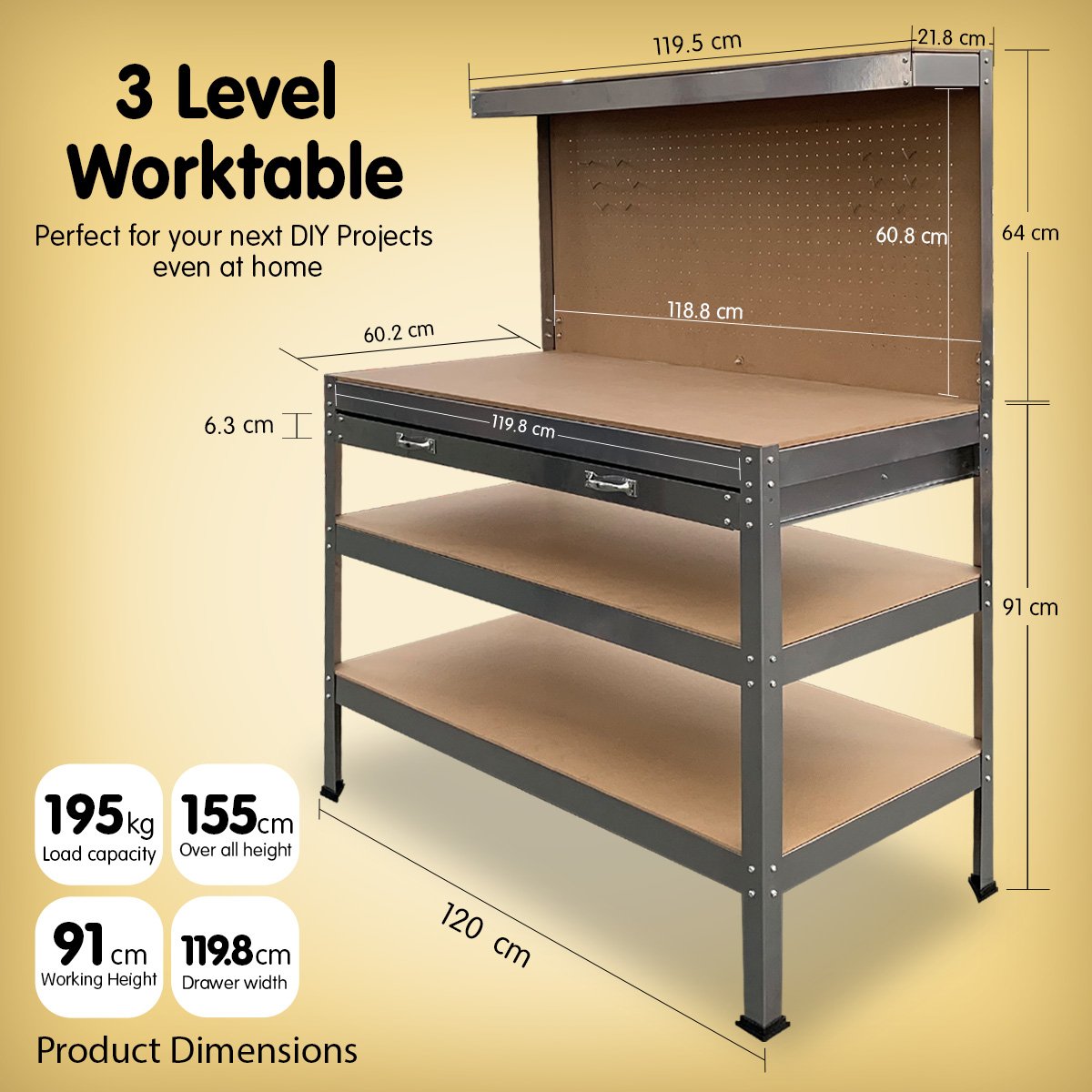 Kartrite 3-layered Work Bench Garage Storage Table Tool Shop Shelf Silver V240-TBL-3LY-WH-SL