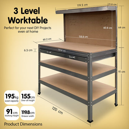 Kartrite 3-layered Work Bench Garage Storage Table Tool Shop Shelf Silver V240-TBL-3LY-WH-SL