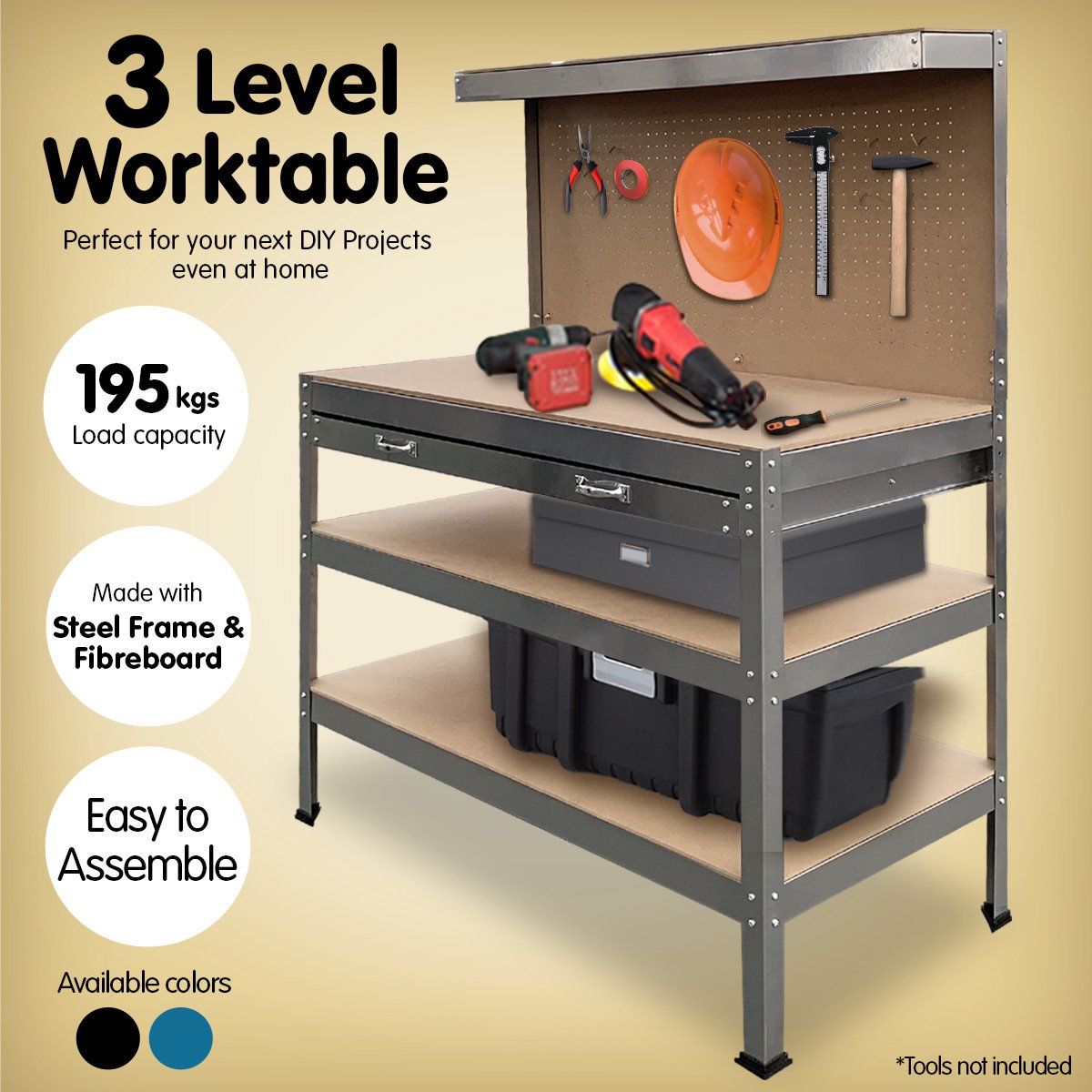 Kartrite 3-layered Work Bench Garage Storage Table Tool Shop Shelf Silver V240-TBL-3LY-WH-SL