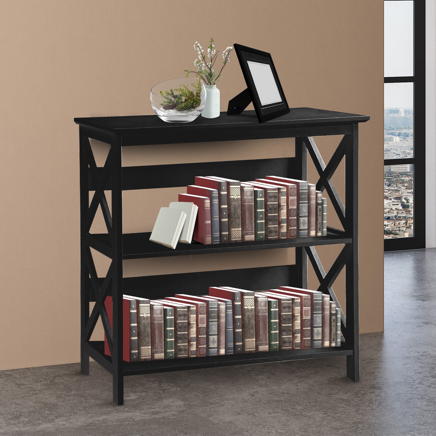 Sarantino Lucas 3-Tier Bookshelf Display Rack in Black V240-TBL-NTD-026-12