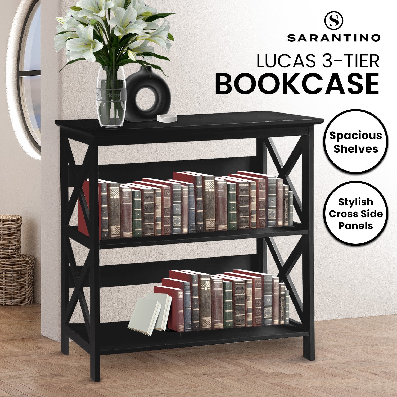 Sarantino Lucas 3-Tier Bookshelf Display Rack in Black V240-TBL-NTD-026-12