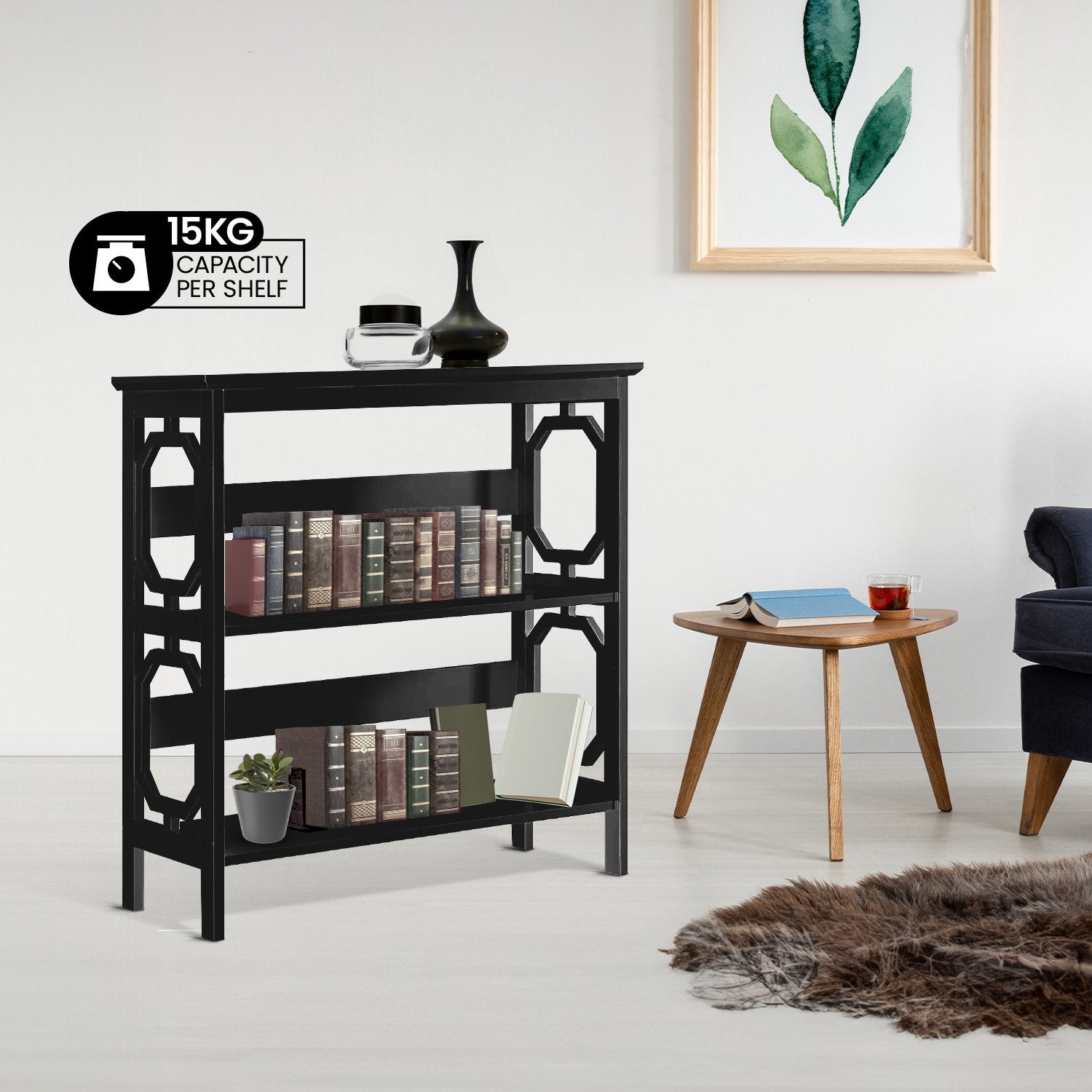 Sarantino Laurel 3-Tier Bookshelf Display Rack in Black V240-TBL-NTD-096-04