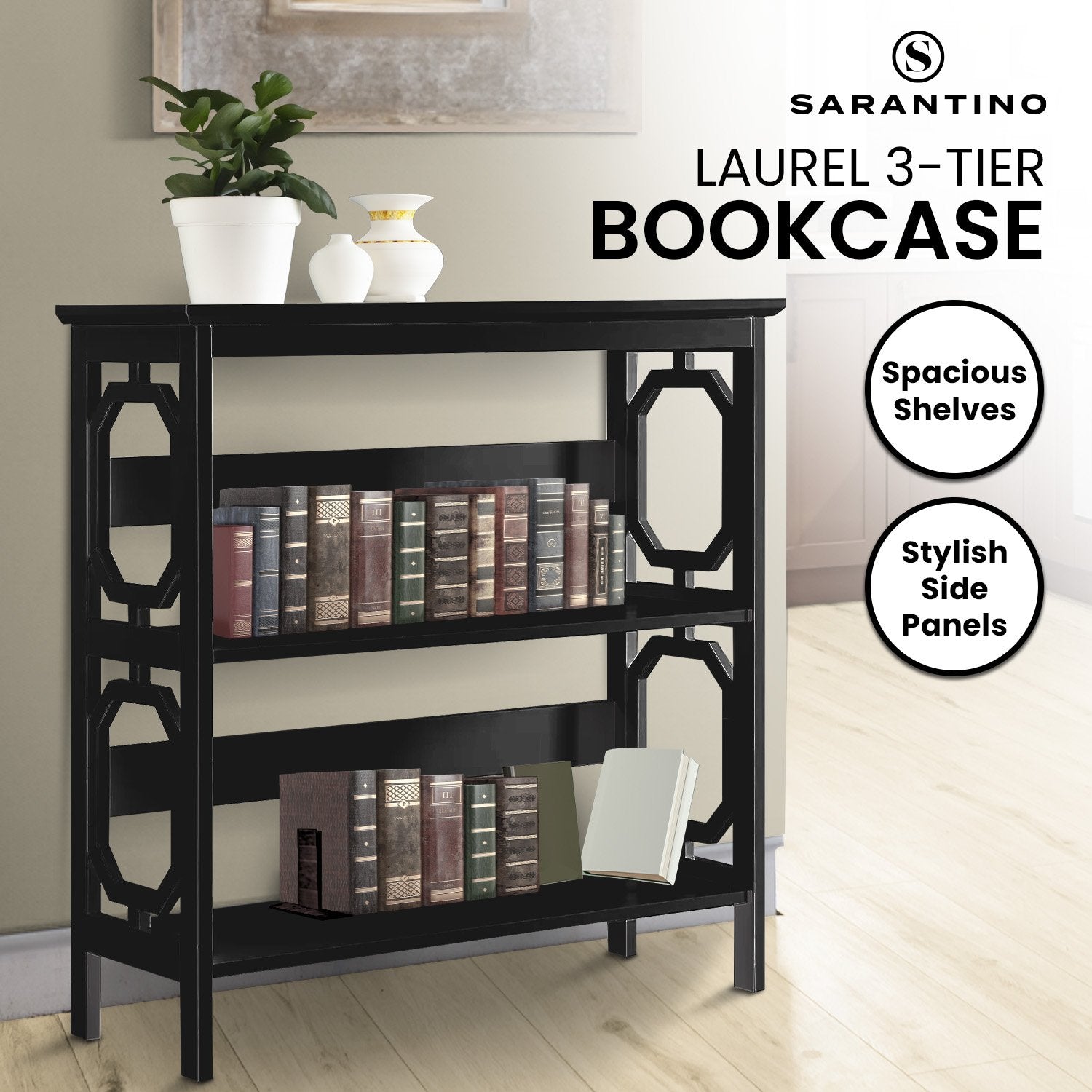 Sarantino Laurel 3-Tier Bookshelf Display Rack in Black V240-TBL-NTD-096-04