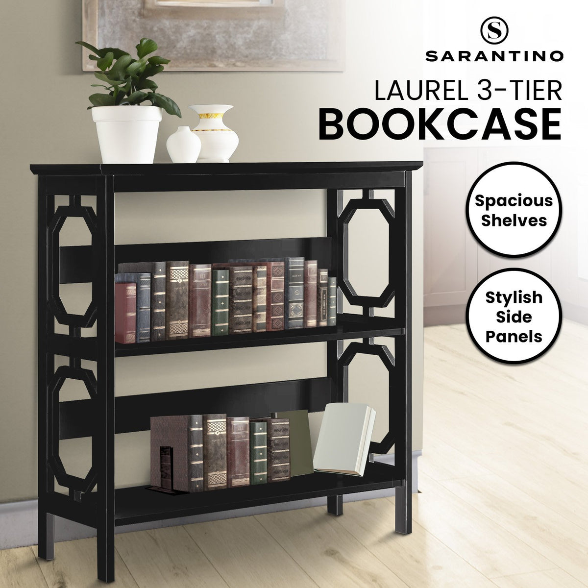 Sarantino Laurel 3-Tier Bookshelf Display Rack in Black V240-TBL-NTD-096-04