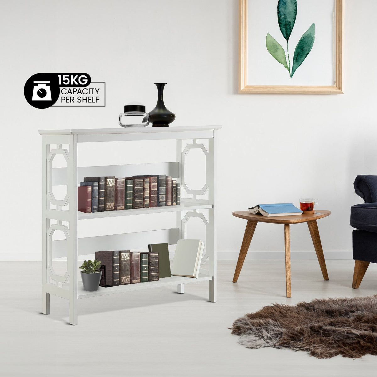 Sarantino Laurel 3-Tier Bookshelf Display Rack in White V240-TBL-NTD-096-05