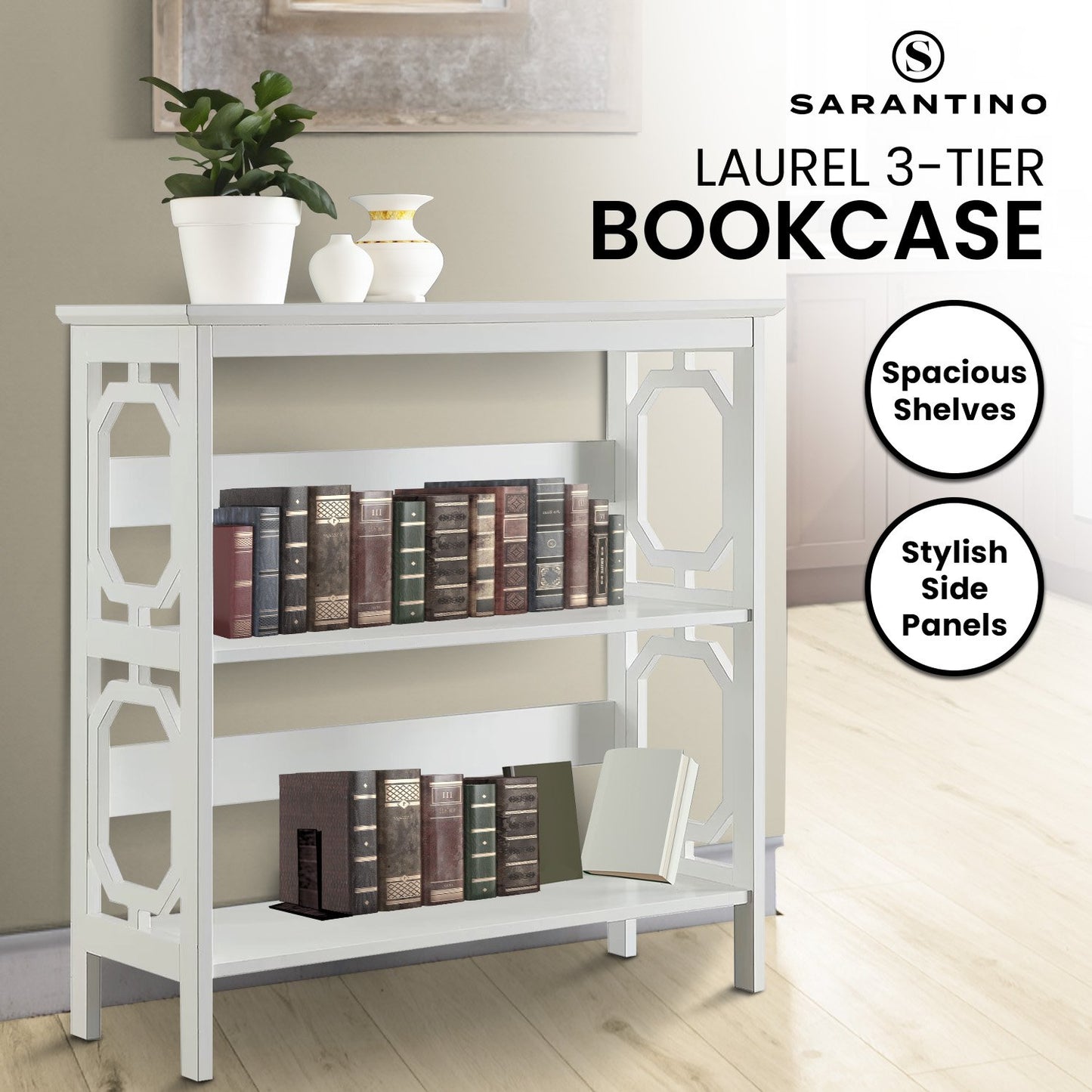 Sarantino Laurel 3-Tier Bookshelf Display Rack in White V240-TBL-NTD-096-05