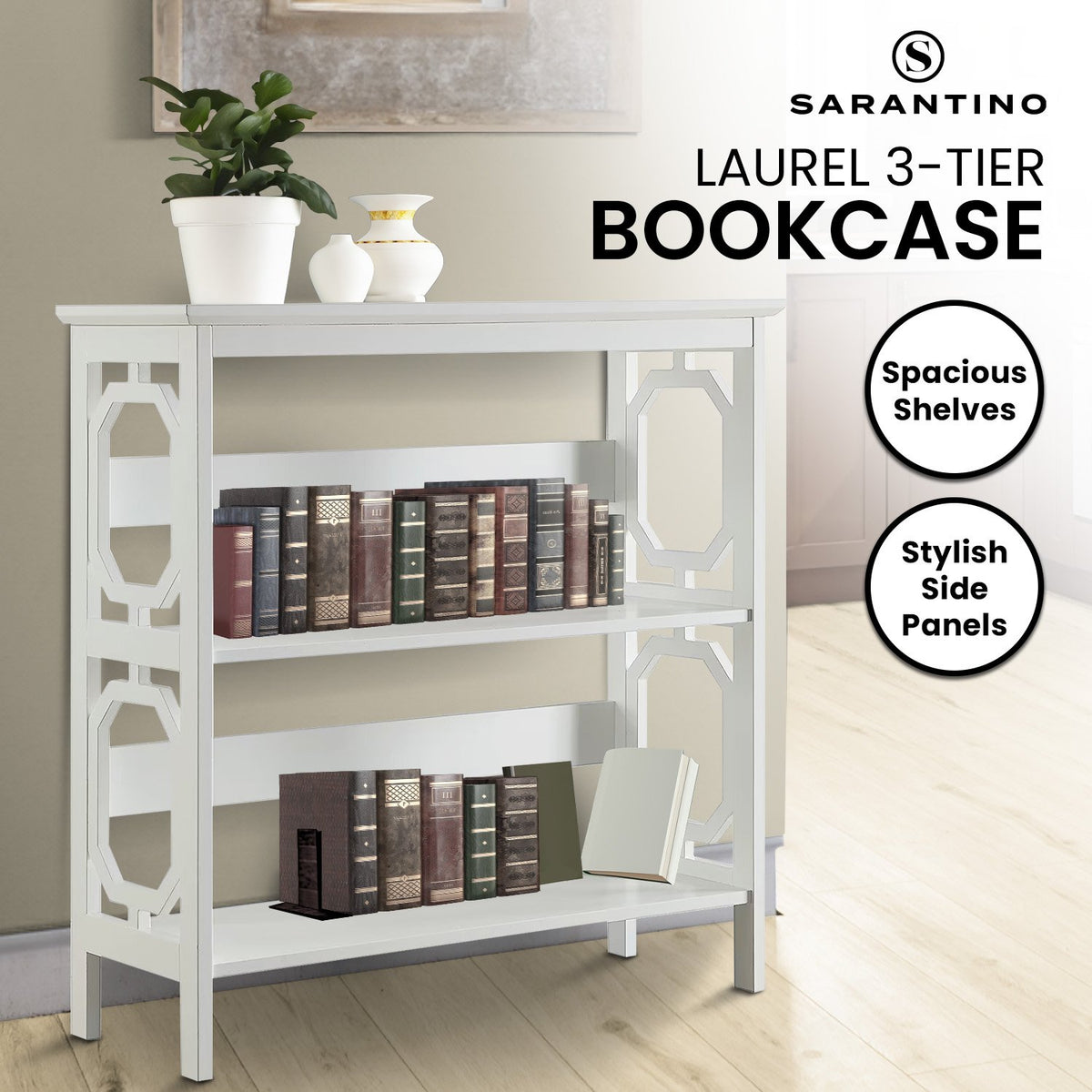 Sarantino Laurel 3-Tier Bookshelf Display Rack in White V240-TBL-NTD-096-05