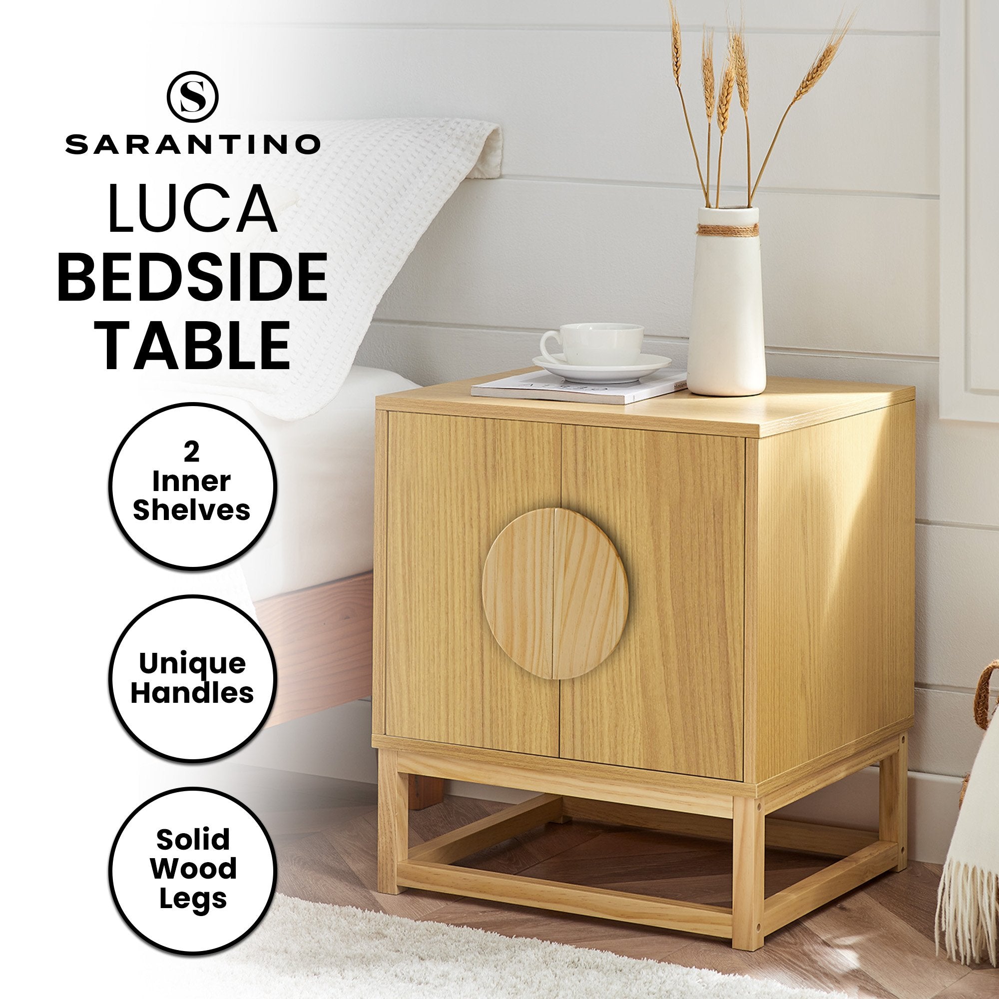 Sarantino Luca Bedside Table Split Door Night Stand - Natural V240-TBL-SV-02-NT