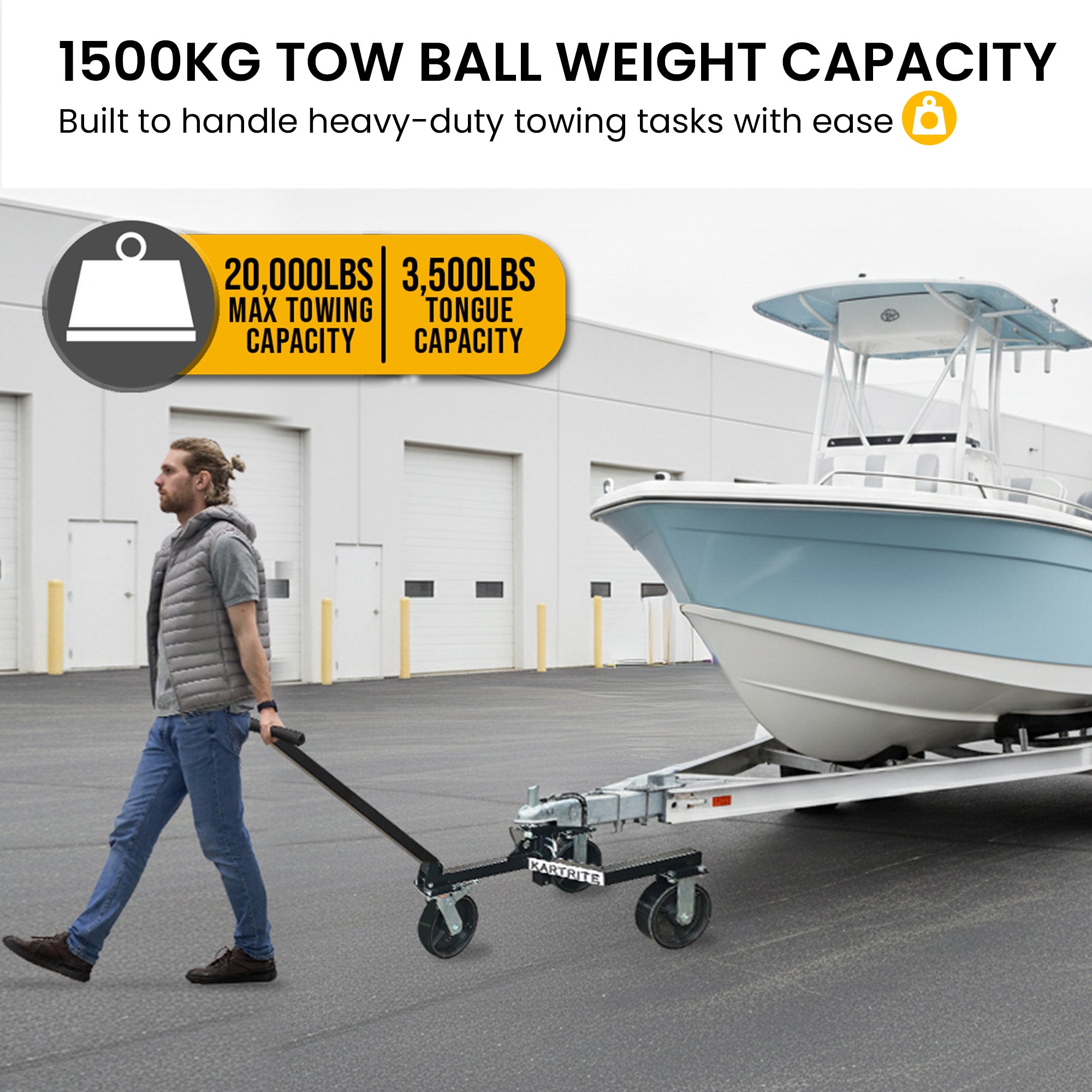 Kartrite Trailer Dolly Adjustable 2in Hitch Ball 1500kg Tongue Weight Capacity w/8in Swivel Wheels Steel V240-TDM-PMG-D77-BK