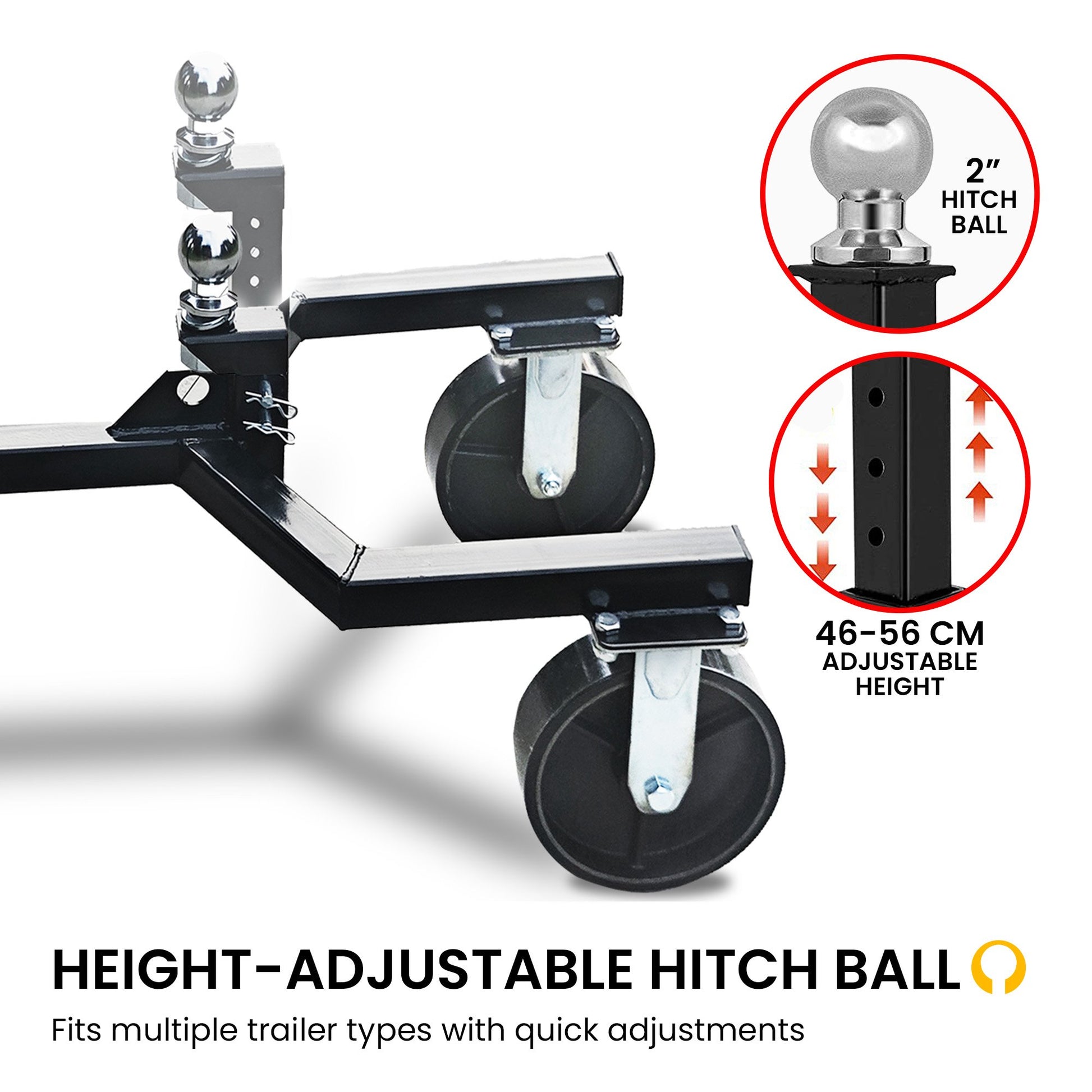 Kartrite Trailer Dolly Adjustable 2in Hitch Ball 1500kg Tongue Weight Capacity w/8in Swivel Wheels Steel V240-TDM-PMG-D77-BK