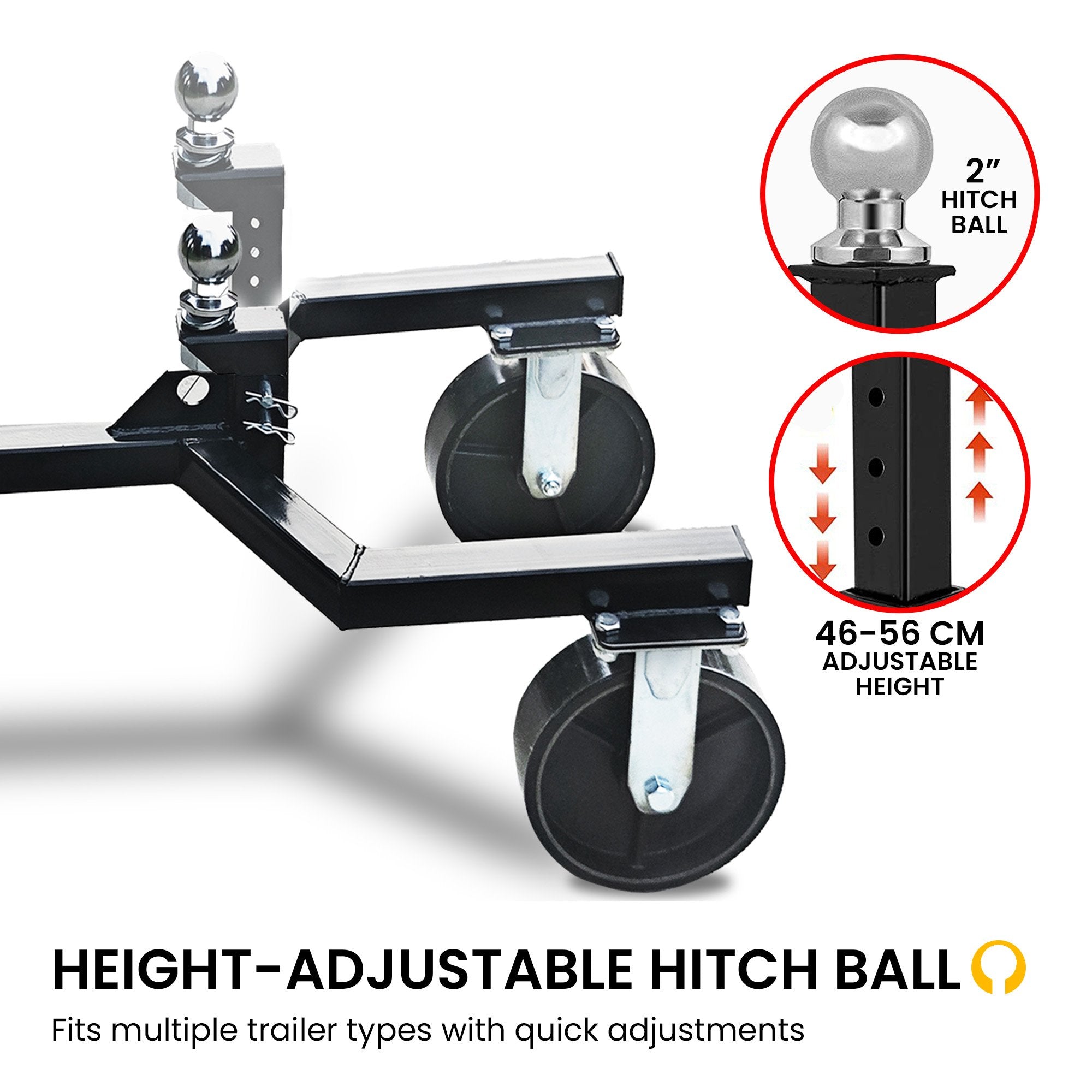 Kartrite Trailer Dolly Adjustable 2in Hitch Ball 1500kg Tongue Weight Capacity w/8in Swivel Wheels Steel V240-TDM-PMG-D77-BK