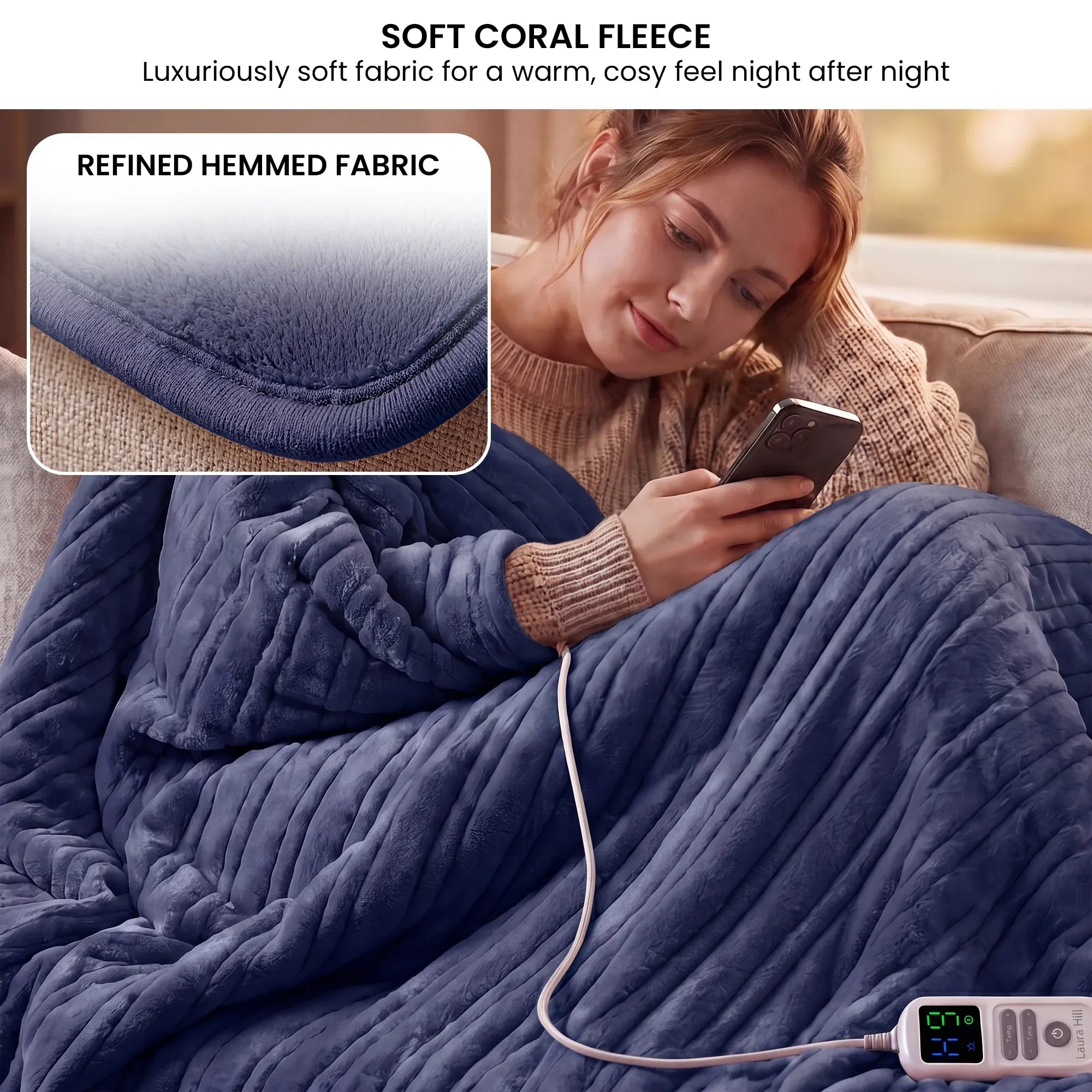 Laura Hill XL Electric Heated Blanket Throw Soft Coral Fleece with 10 Heat Settings - Blue V240-THRG-KH-200-BU