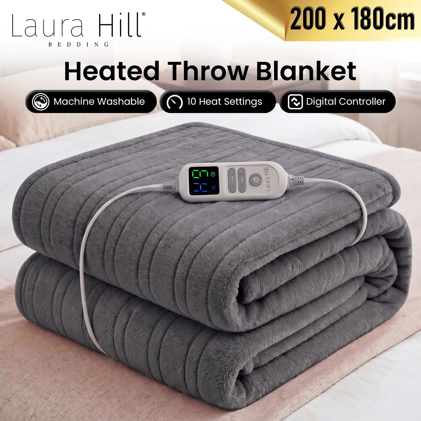 Laura Hill XL Electric Heated Blanket Throw Soft Coral Fleece with 10 Heat Settings - Grey V240-THRG-KH-200-GY