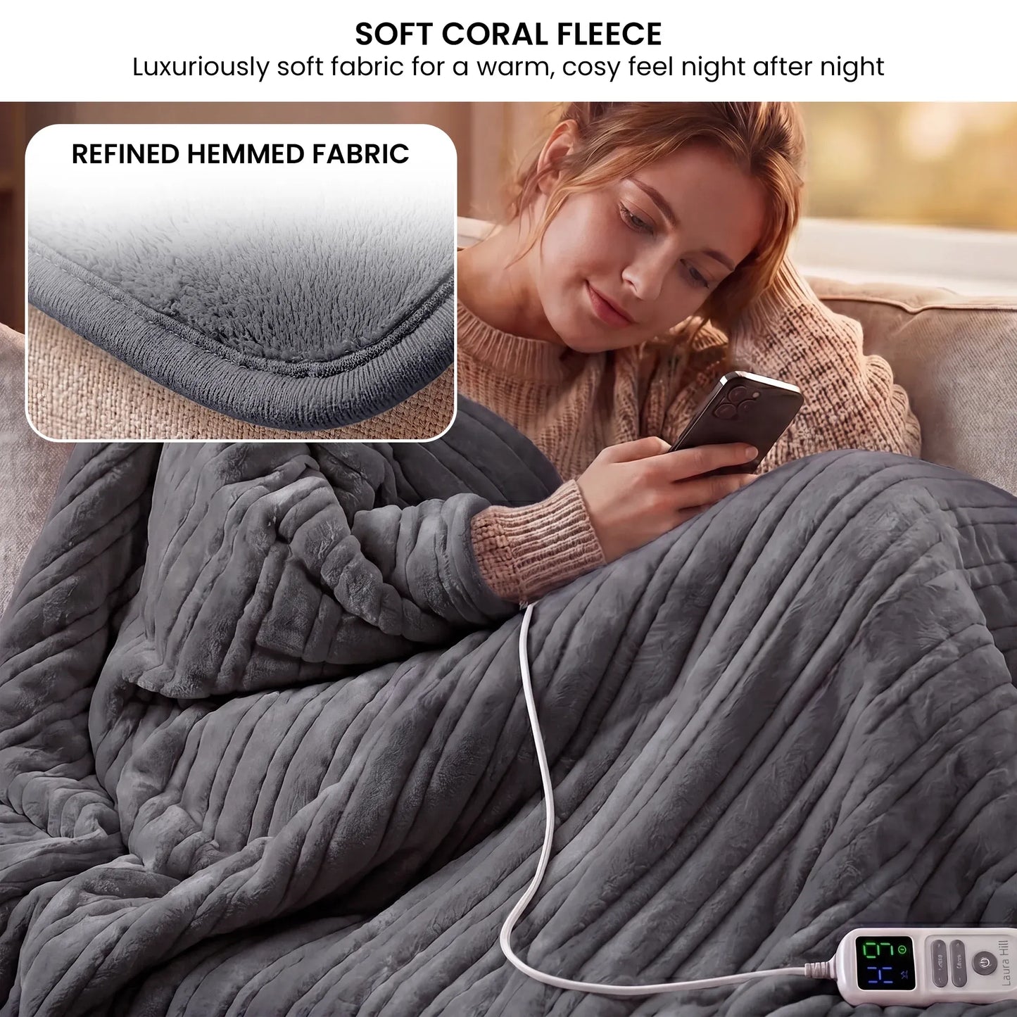 Laura Hill XL Electric Heated Blanket Throw Soft Coral Fleece with 10 Heat Settings - Grey V240-THRG-KH-200-GY
