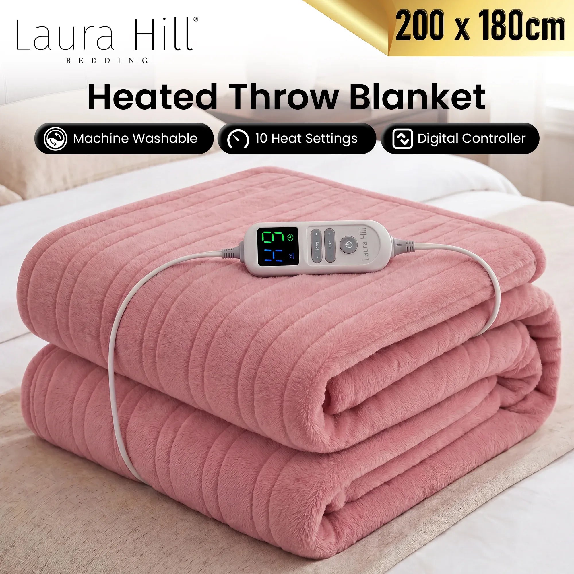 Laura Hill Xl Electric Heated Blanket Throw Soft Coral Fleece With 10 Heat Settings - Pink V240-THRG-KH-200-PK