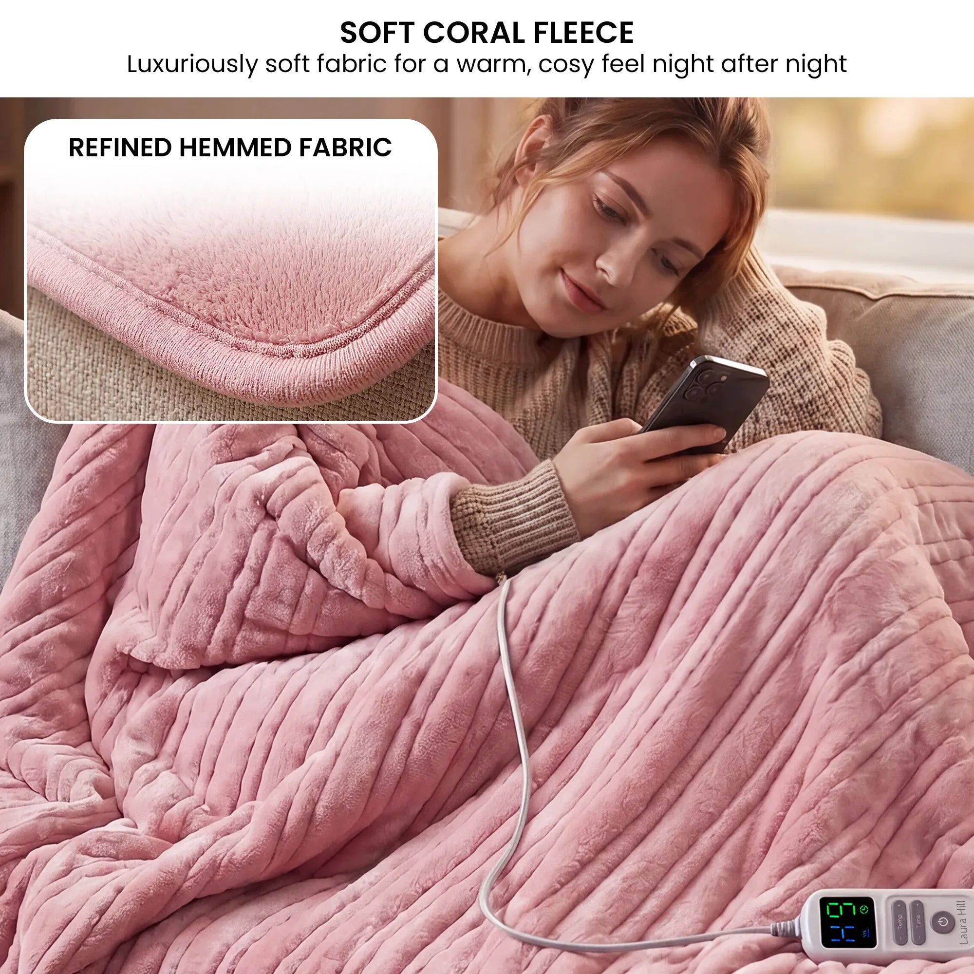 Laura Hill Xl Electric Heated Blanket Throw Soft Coral Fleece With 10 Heat Settings - Pink V240-THRG-KH-200-PK