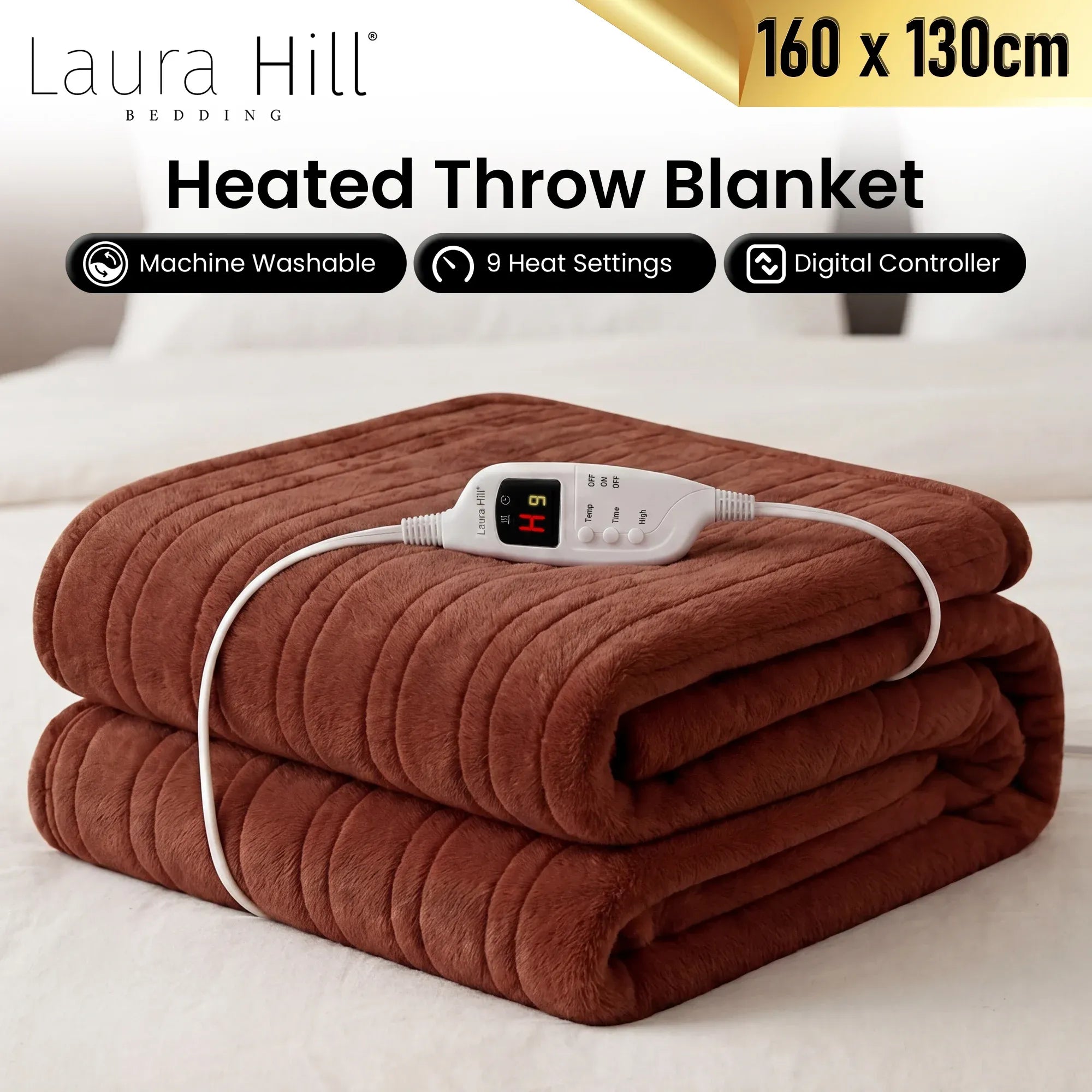 Laura Hill Electric Heated Blanket Throw Soft Coral Fleece w/ 9 Heat Settings - Brown V240-THRG-KH-BRN