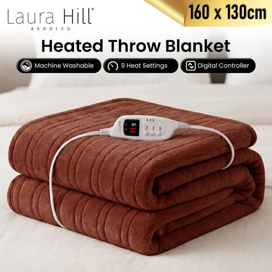 Laura Hill Electric Heated Blanket Throw Soft Coral Fleece w/ 9 Heat Settings - Brown V240-THRG-KH-BRN