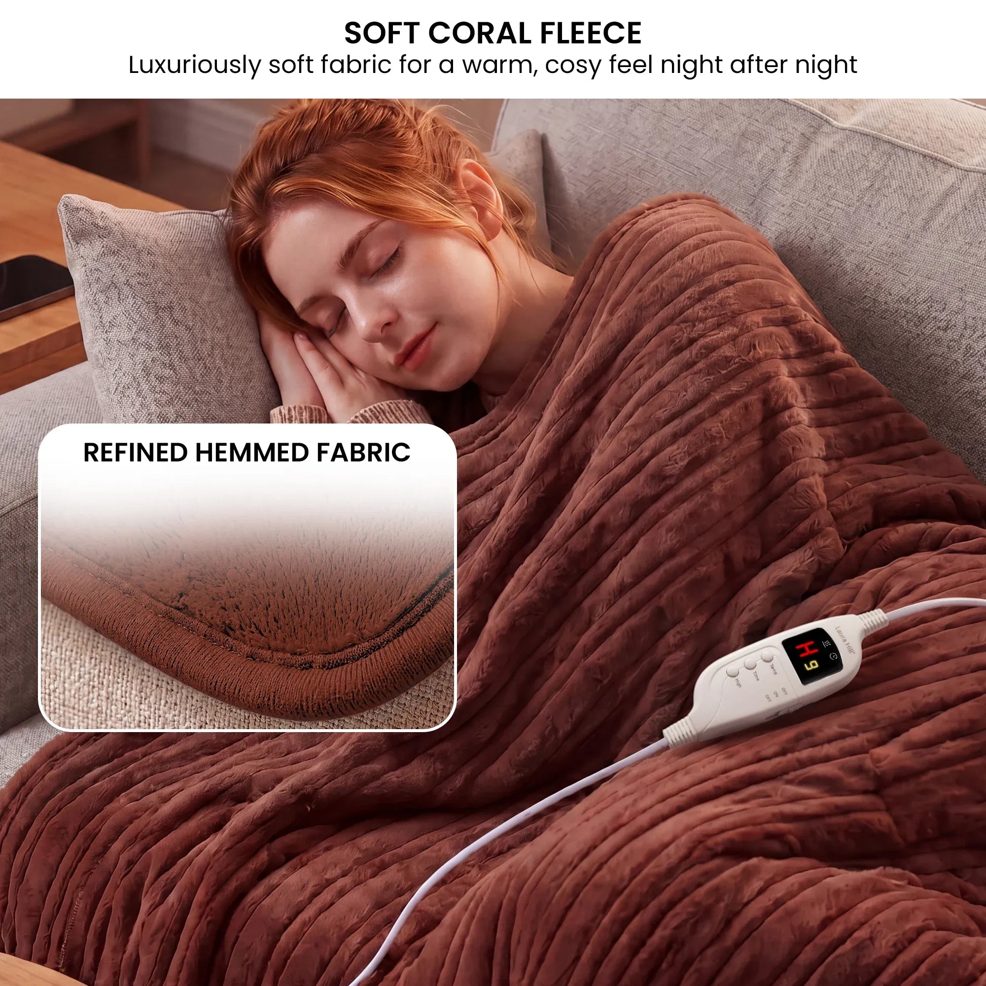 Laura Hill Electric Heated Blanket Throw Soft Coral Fleece w/ 9 Heat Settings - Brown V240-THRG-KH-BRN