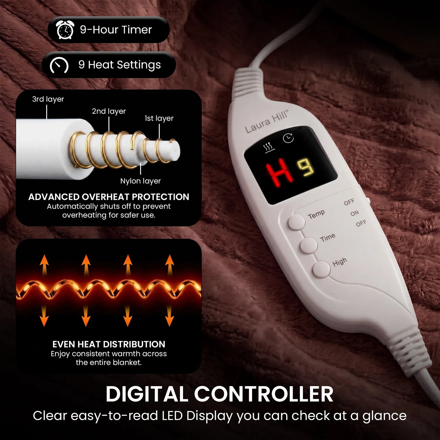 Laura Hill Electric Heated Blanket Throw Soft Coral Fleece w/ 9 Heat Settings - Brown V240-THRG-KH-BRN