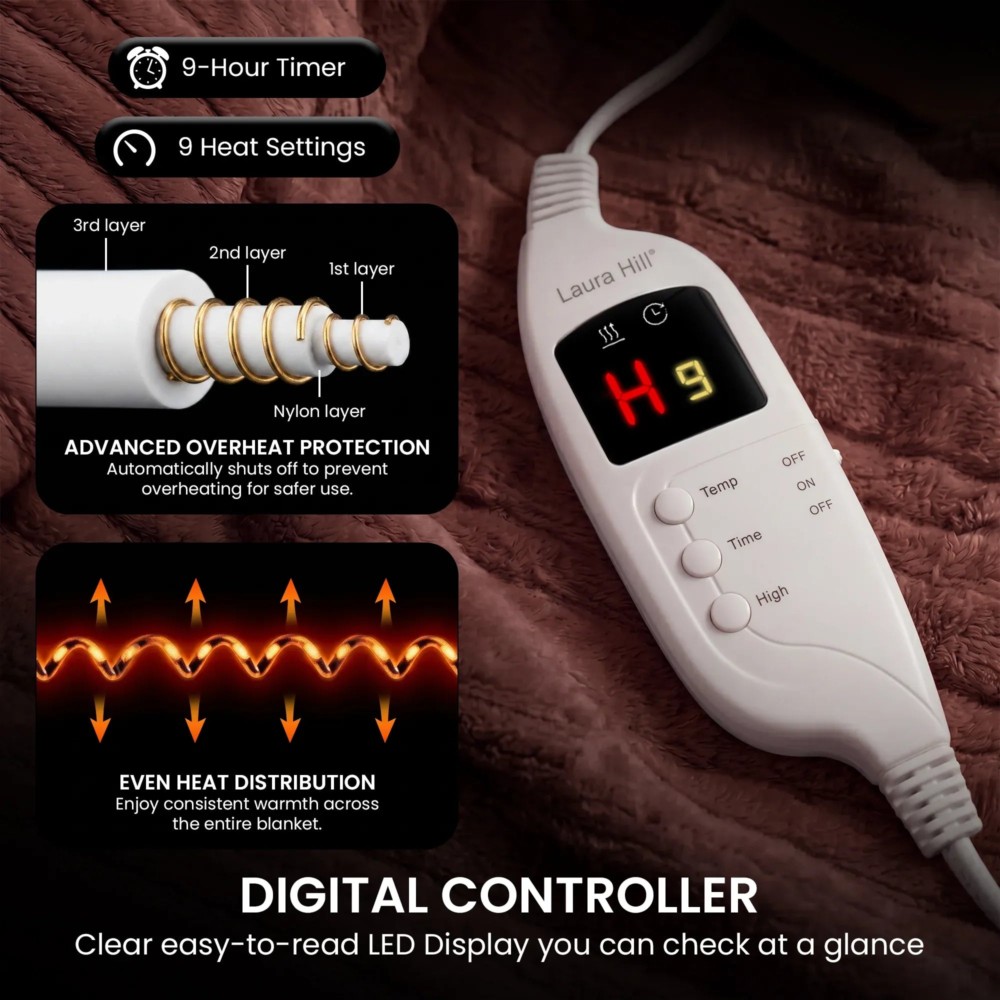 Laura Hill Electric Heated Blanket Throw Soft Coral Fleece w/ 9 Heat Settings - Brown V240-THRG-KH-BRN