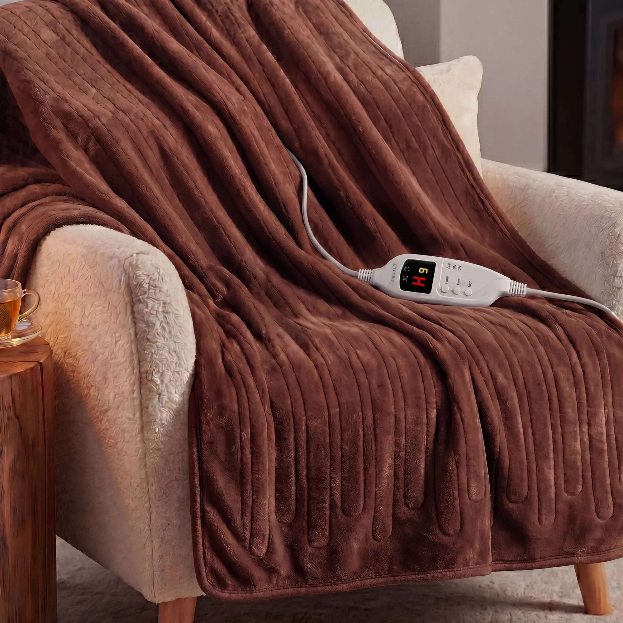 Laura Hill Electric Heated Blanket Throw Soft Coral Fleece w/ 9 Heat Settings - Brown V240-THRG-KH-BRN