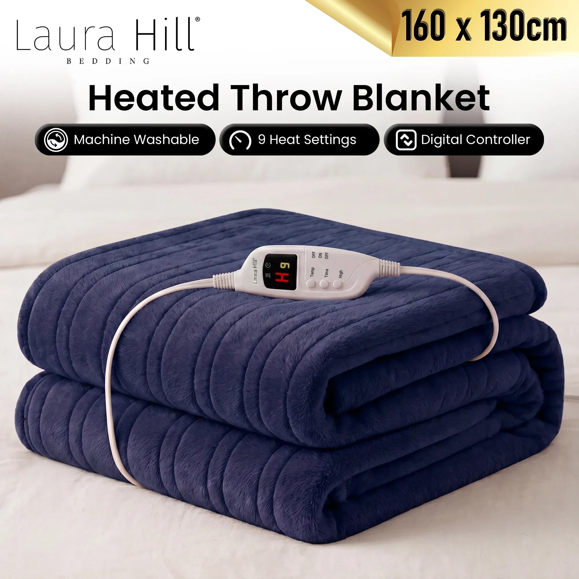 Laura Hill Electric Heated Blanket Throw Soft Coral Fleece w/ 9 Heat Settings - Blue V240-THRG-KH-BU