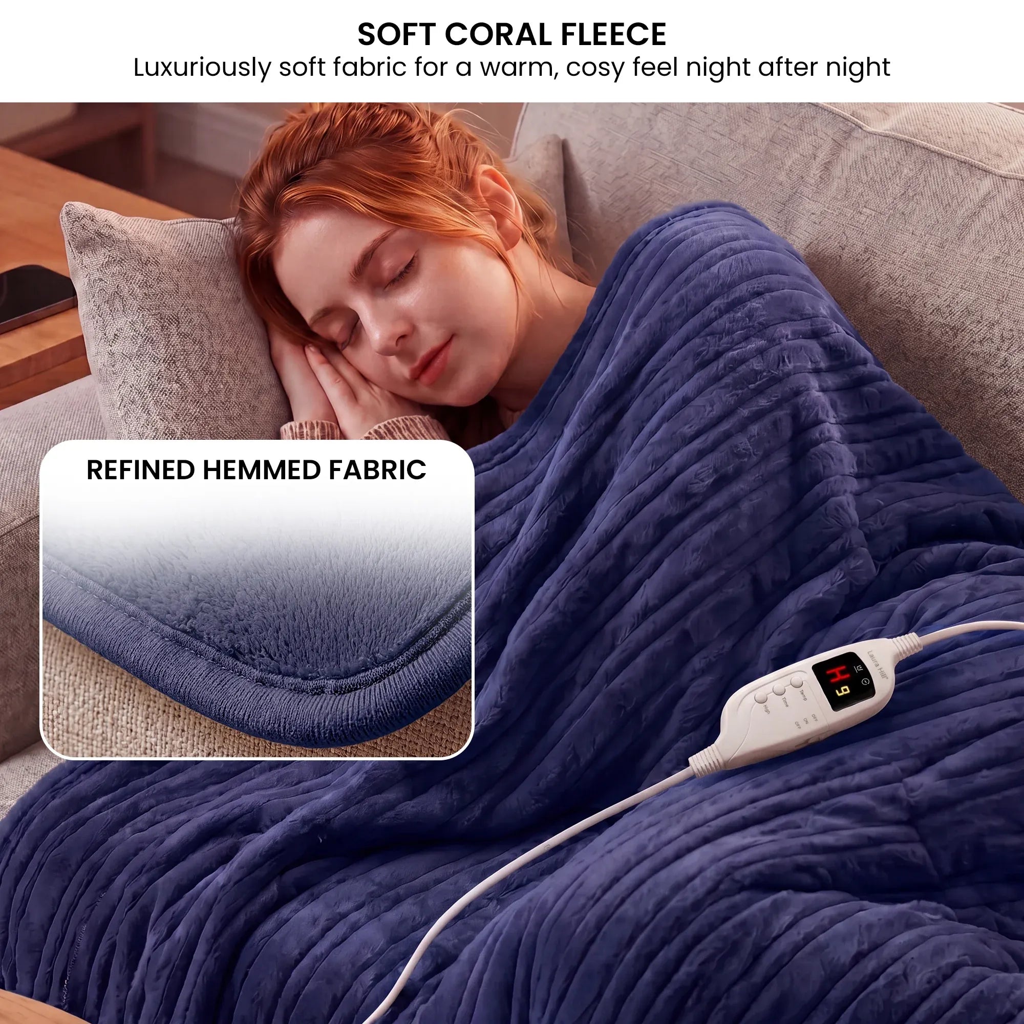 Laura Hill Electric Heated Blanket Throw Soft Coral Fleece w/ 9 Heat Settings - Blue V240-THRG-KH-BU