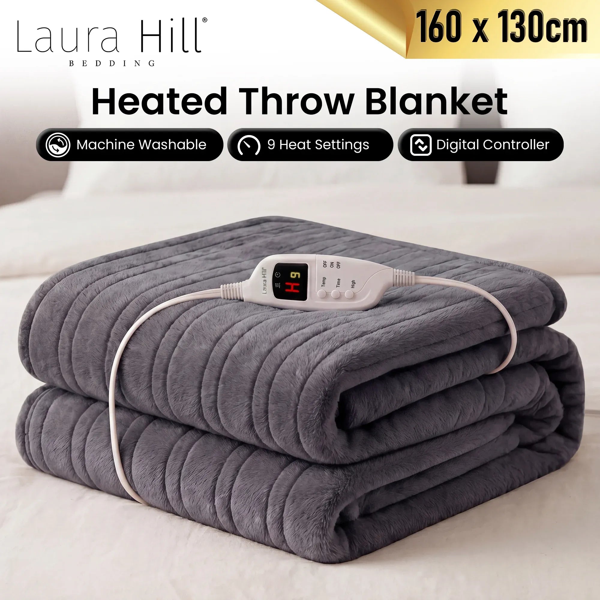 Laura Hill Electric Heated Blanket Throw Soft Coral Fleece w/ 9 Heat Settings - Grey V240-THRG-KH-GY