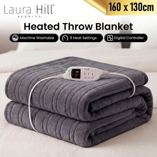 Laura Hill Electric Heated Blanket Throw Soft Coral Fleece w/ 9 Heat Settings - Grey V240-THRG-KH-GY