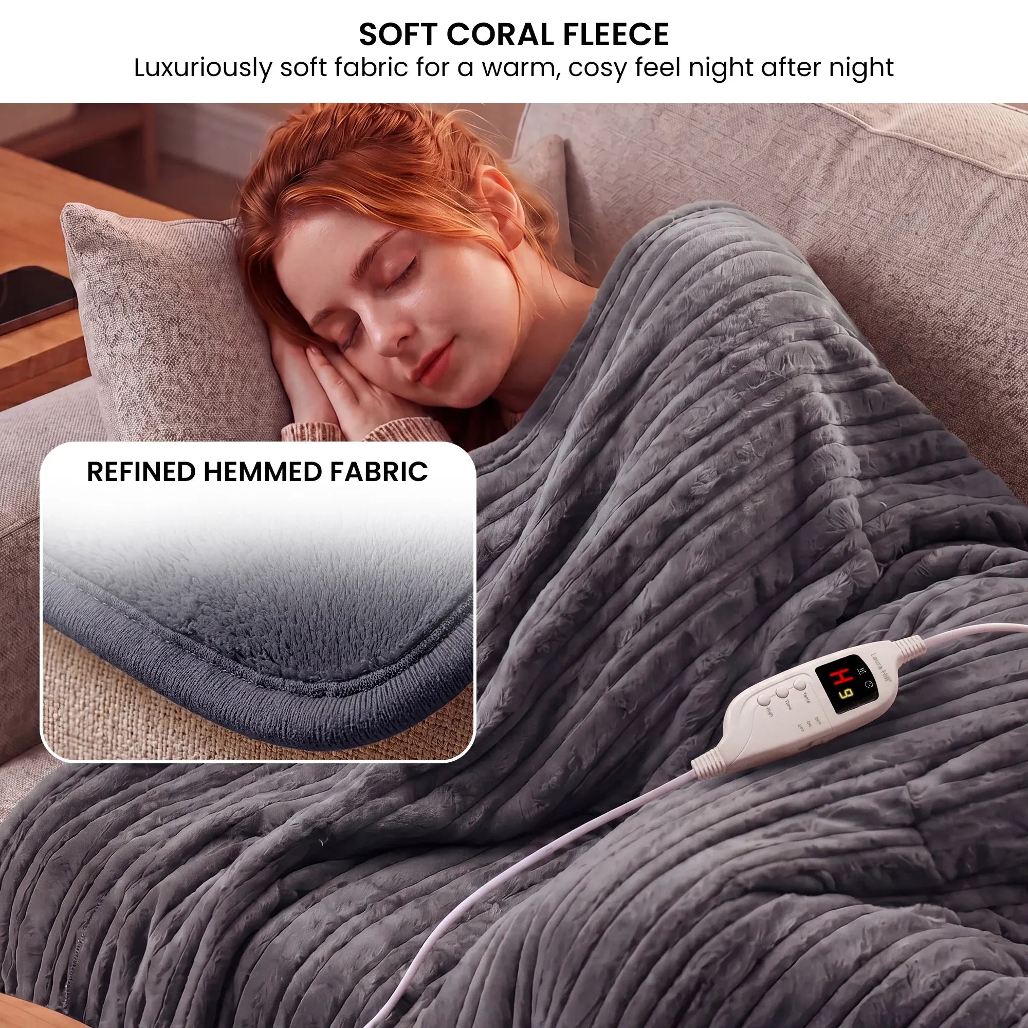 Laura Hill Electric Heated Blanket Throw Soft Coral Fleece w/ 9 Heat Settings - Grey V240-THRG-KH-GY