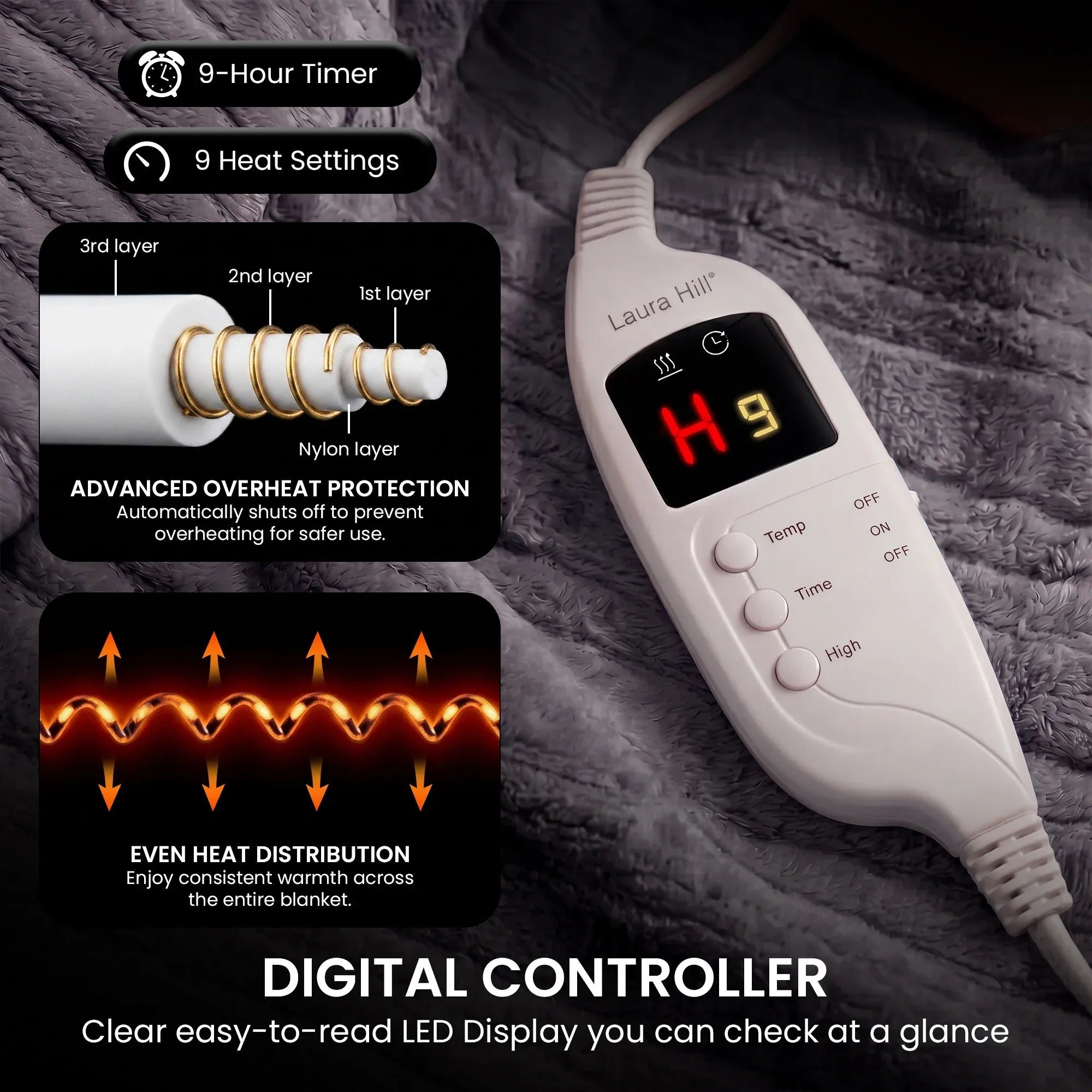 Laura Hill Electric Heated Blanket Throw Soft Coral Fleece w/ 9 Heat Settings - Grey V240-THRG-KH-GY