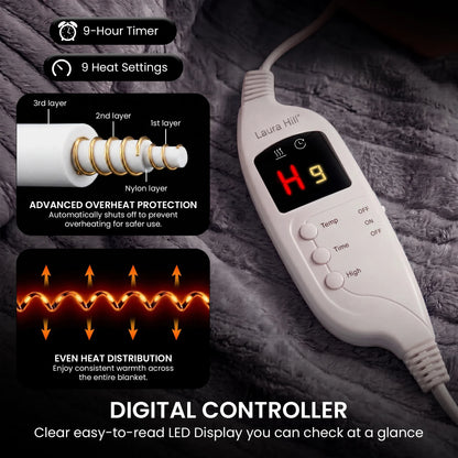 Laura Hill Electric Heated Blanket Throw Soft Coral Fleece w/ 9 Heat Settings - Grey V240-THRG-KH-GY