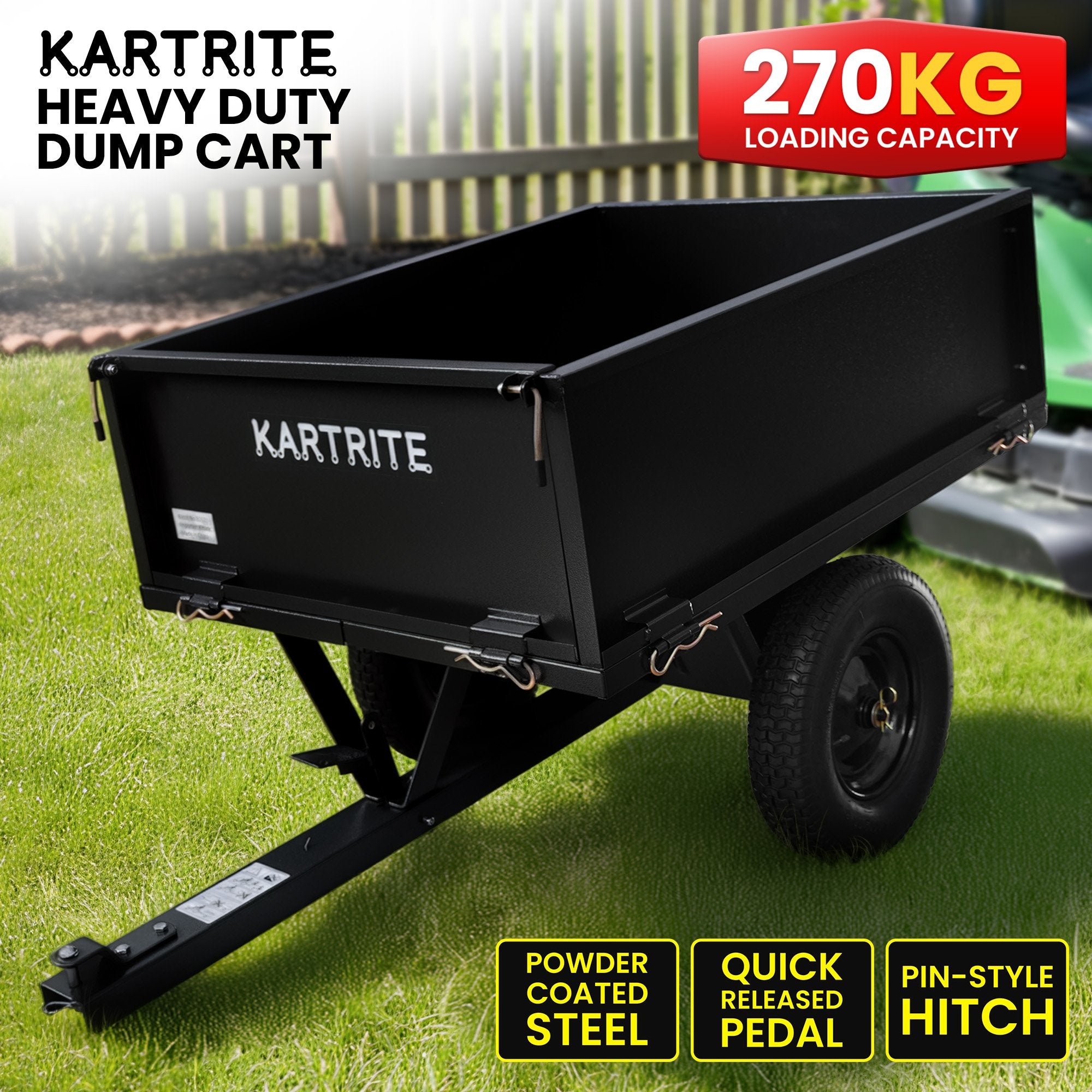 Kartrite Heavy Duty Dump Cart 270kg Capacity Pneumatic Tyres Quick Release Pedal Removable Tailgate Trailer V240-TLY-SPR-39C-BK
