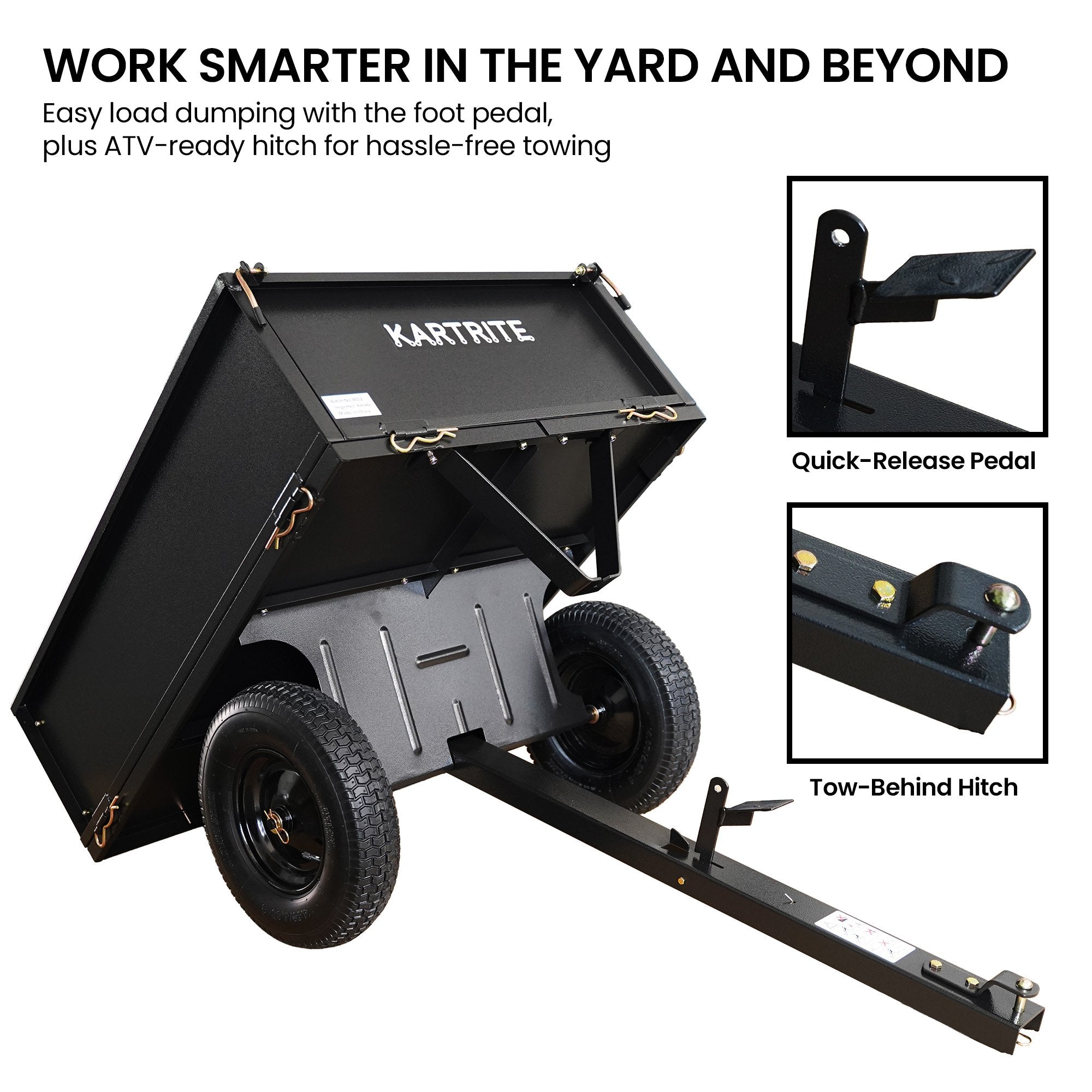 Kartrite Heavy Duty Dump Cart 270kg Capacity Pneumatic Tyres Quick Release Pedal Removable Tailgate Trailer V240-TLY-SPR-39C-BK